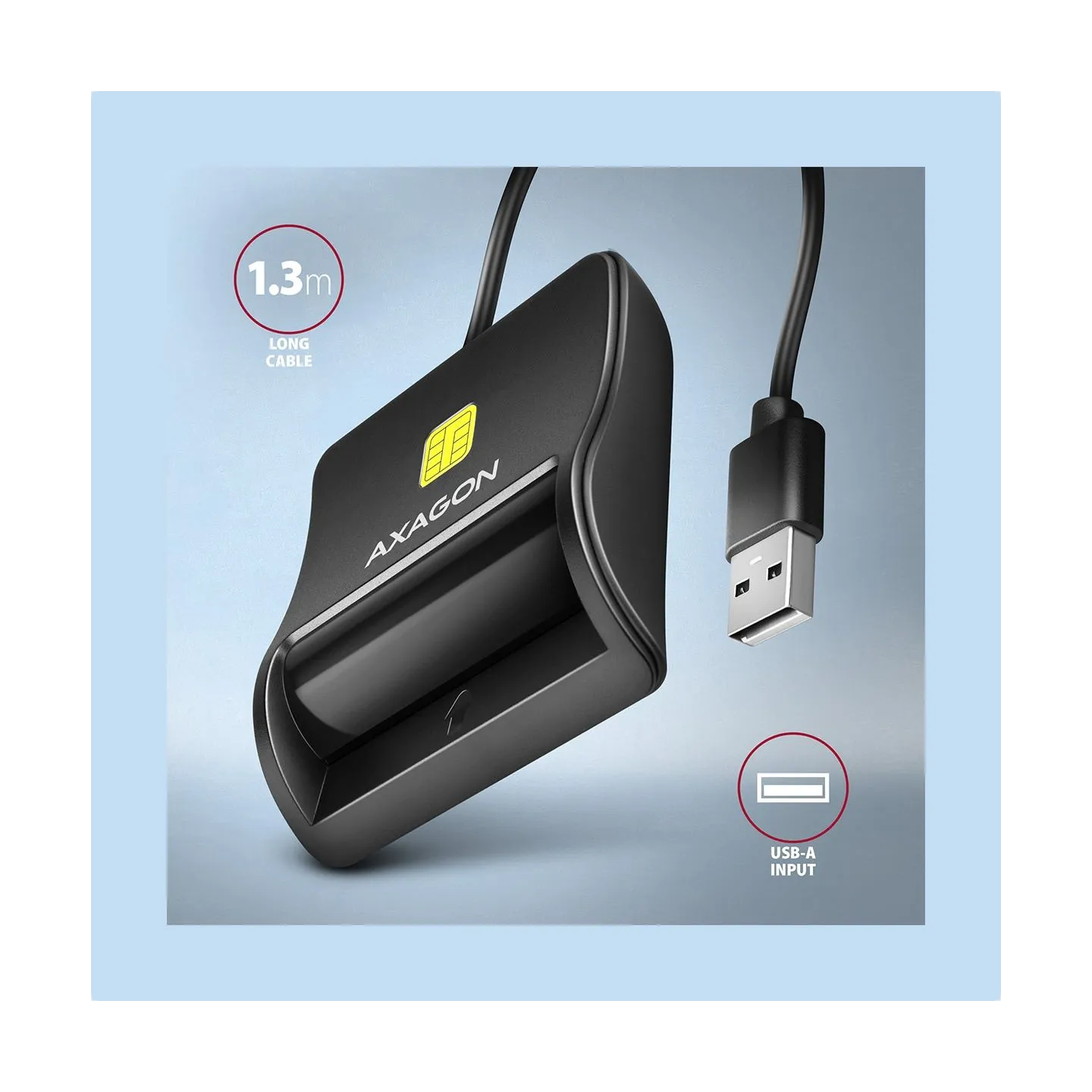 Axagon Compact desktop USB contact Smart / ID card reader with long, USB-A cable.