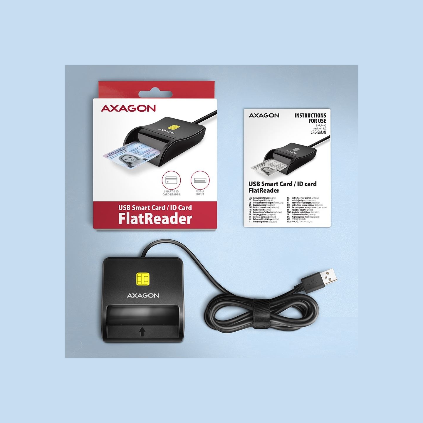 Axagon Compact desktop USB contact Smart / ID card reader with long, USB-A cable.