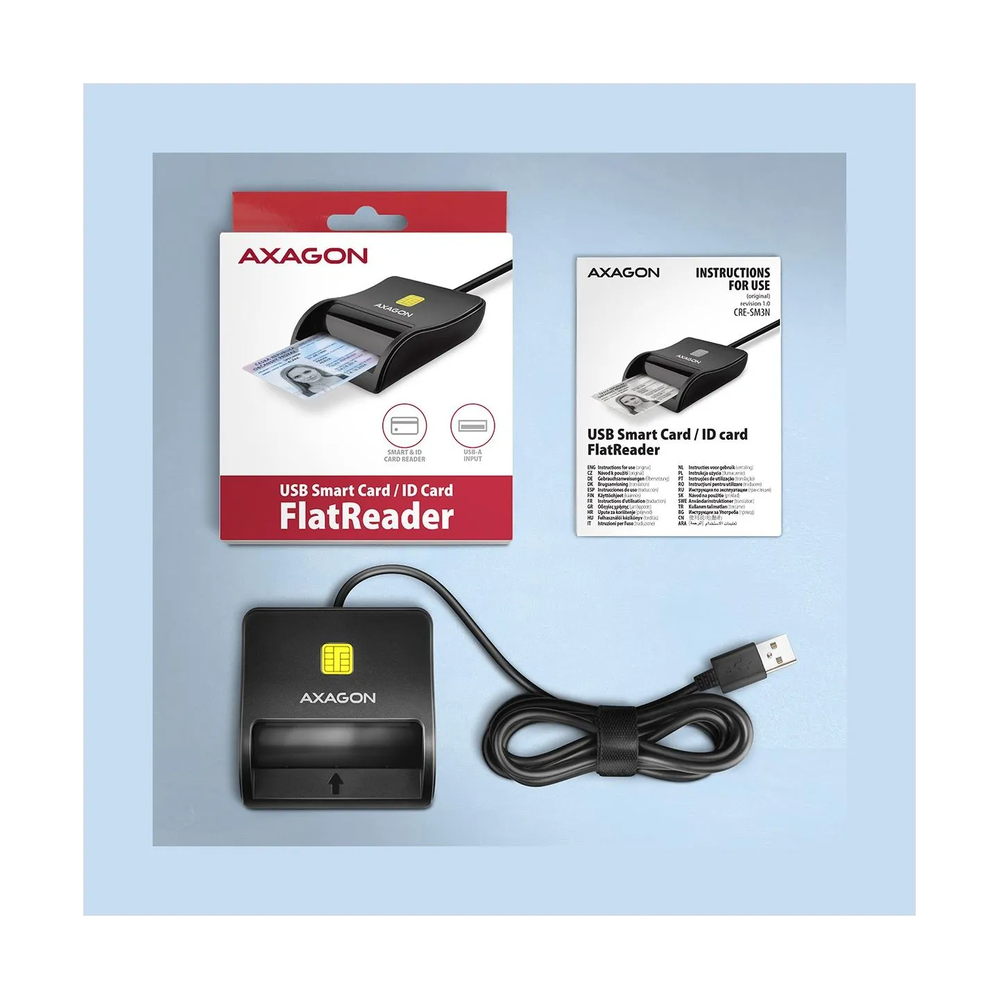 Axagon Compact desktop USB contact Smart / ID card reader with long, USB-A cable.