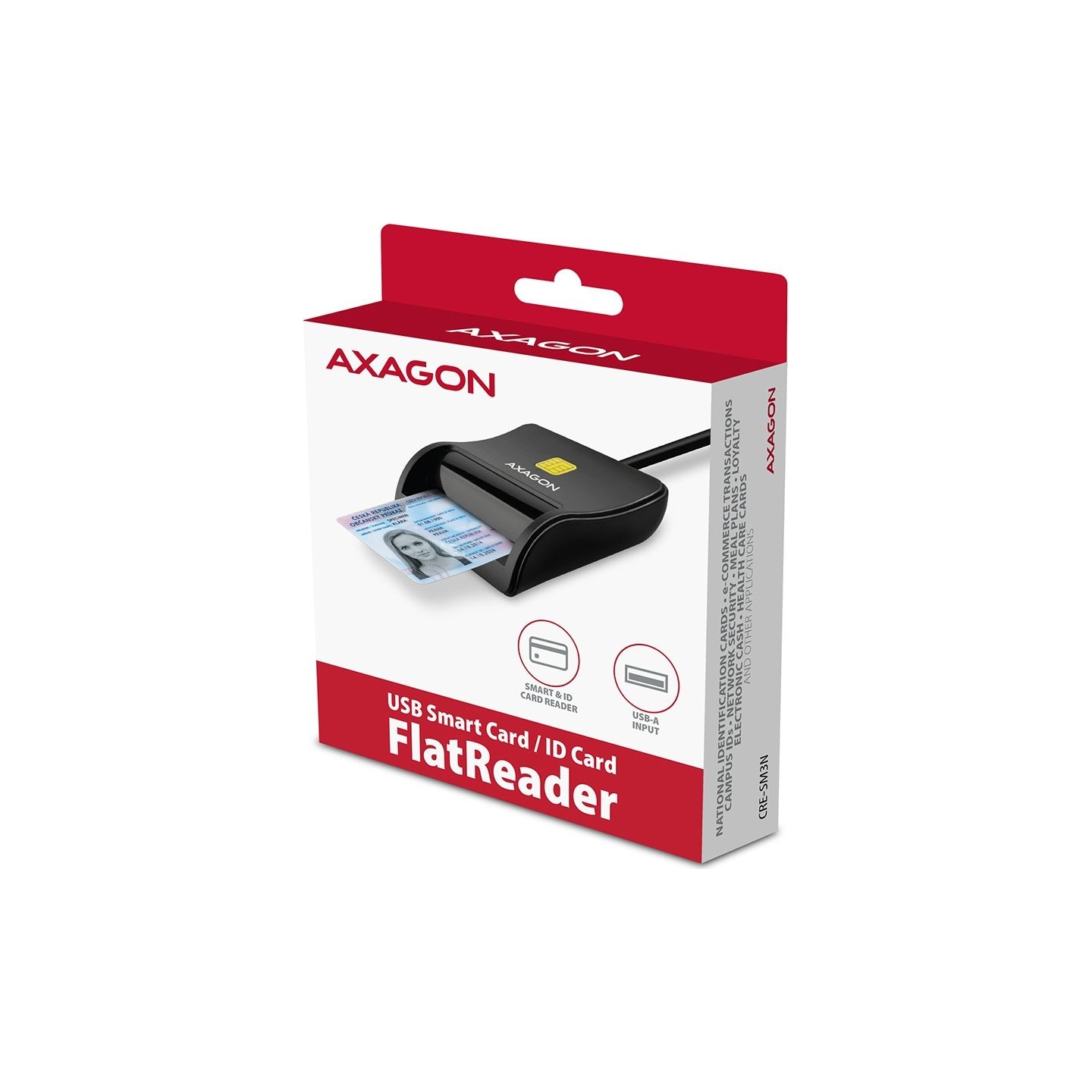 Axagon Compact desktop USB contact Smart / ID card reader with long, USB-A cable.