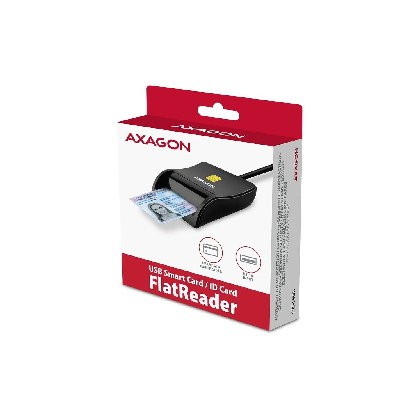 Axagon Compact desktop USB contact Smart / ID card reader with long, USB-A cable.