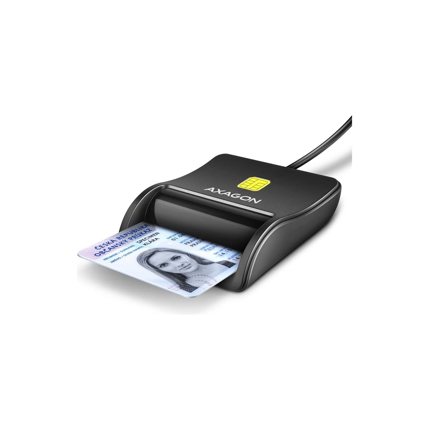 Axagon Compact desktop USB contact Smart / ID card reader with long, USB-A cable.