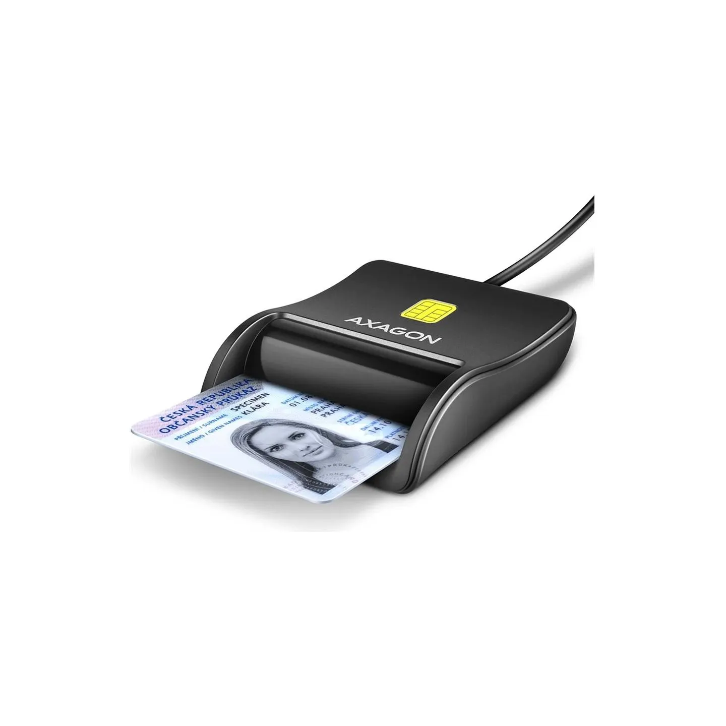 Axagon Compact desktop USB contact Smart / ID card reader with long, USB-A cable.