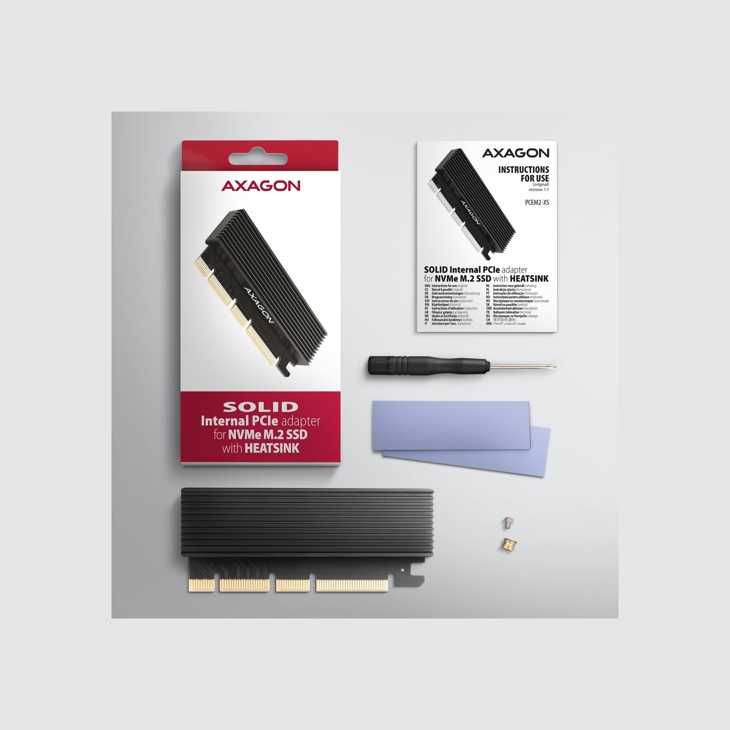 Axagon PCEM2-XS PCI-E 3.0 16x - M.2 SSD NVMe, up to 80mm SSD, low profile, heatsink
