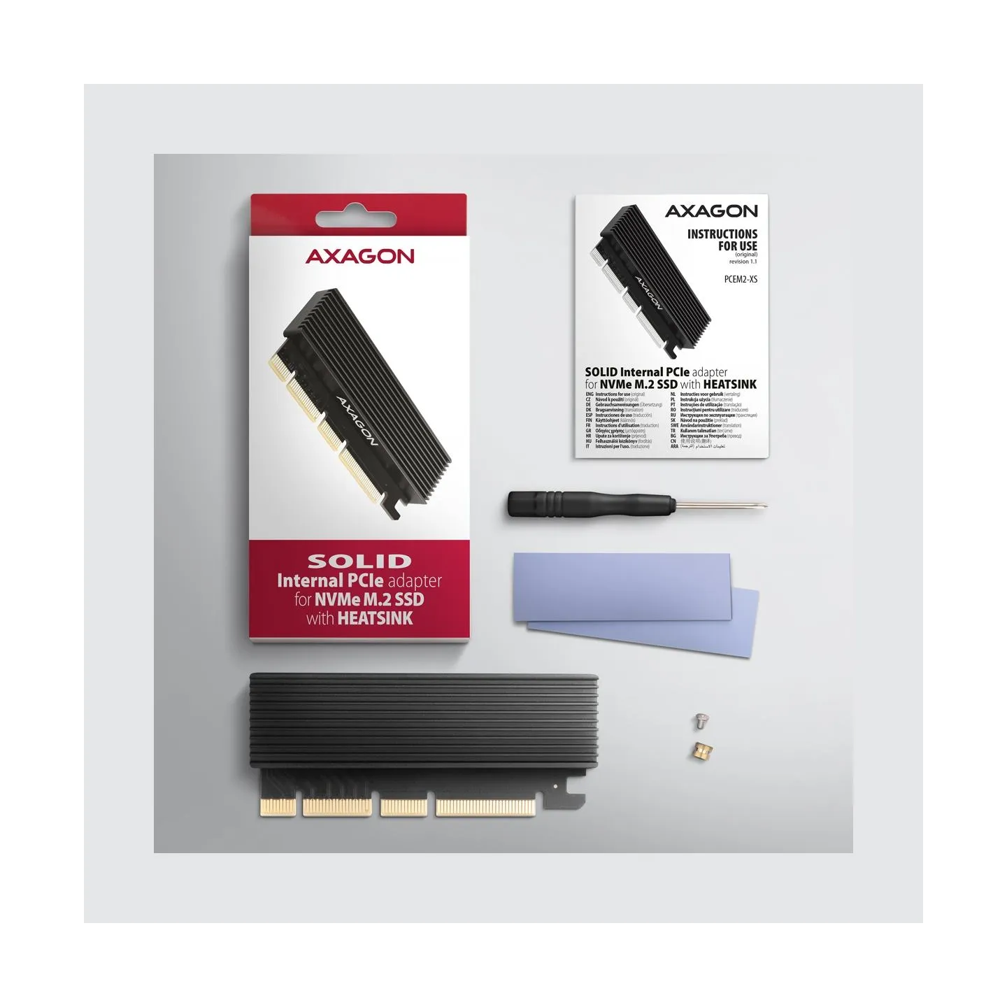 Axagon PCEM2-XS PCI-E 3.0 16x - M.2 SSD NVMe, up to 80mm SSD, low profile, heatsink