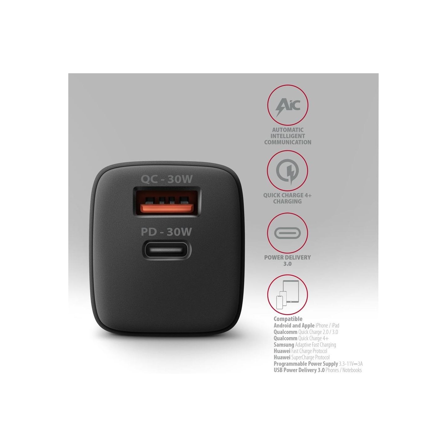 Axagon Sil wallcharger 2x port (USB-A + USB-C), PD3.0/QC4+/PPS/AFC/Apple. 30W total power.