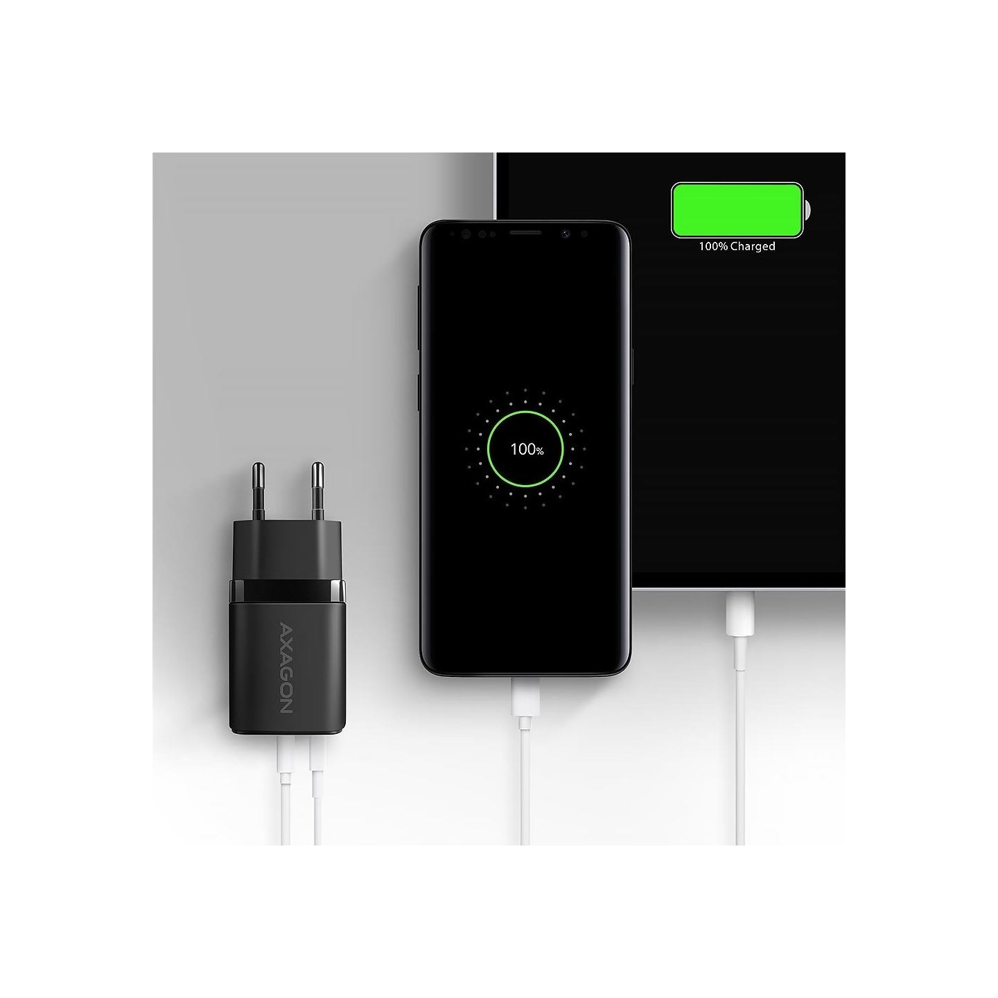 Axagon Sil wallcharger 2x port (USB-A + USB-C), PD3.0/QC4+/PPS/AFC/Apple. 30W total power.