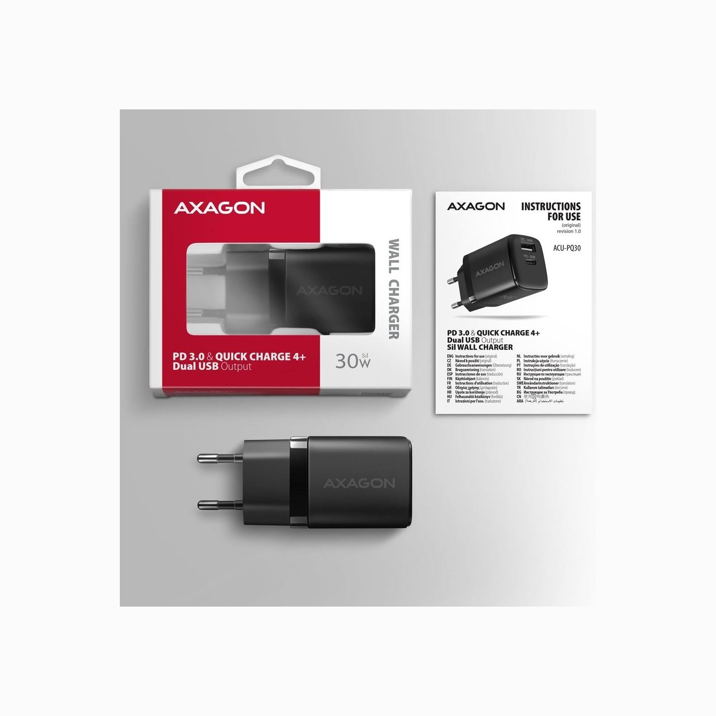 Axagon Sil wallcharger 2x port (USB-A + USB-C), PD3.0/QC4+/PPS/AFC/Apple. 30W total power.