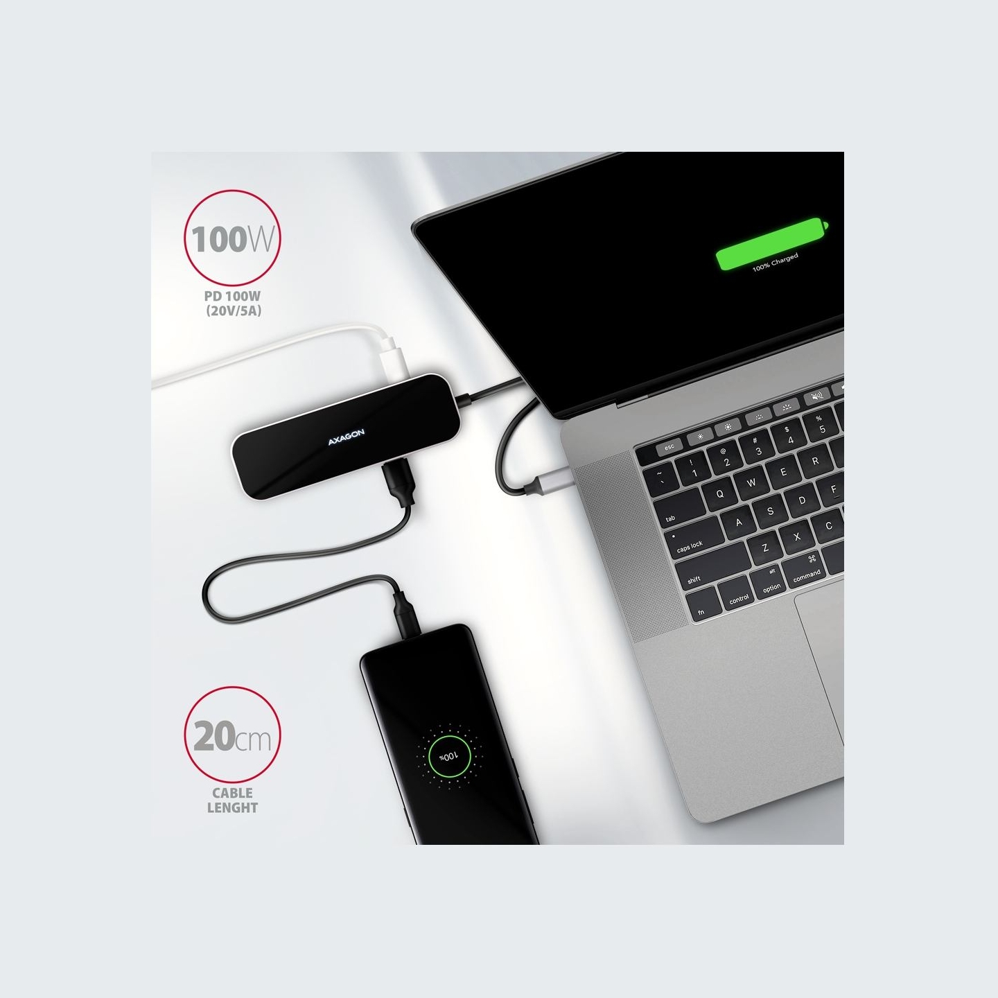 Axagon Multi port USB 3.2 Gen 1 hub. HDMI, four USB-A outputs and Power Delivery. Kabel USB-C 20cm.