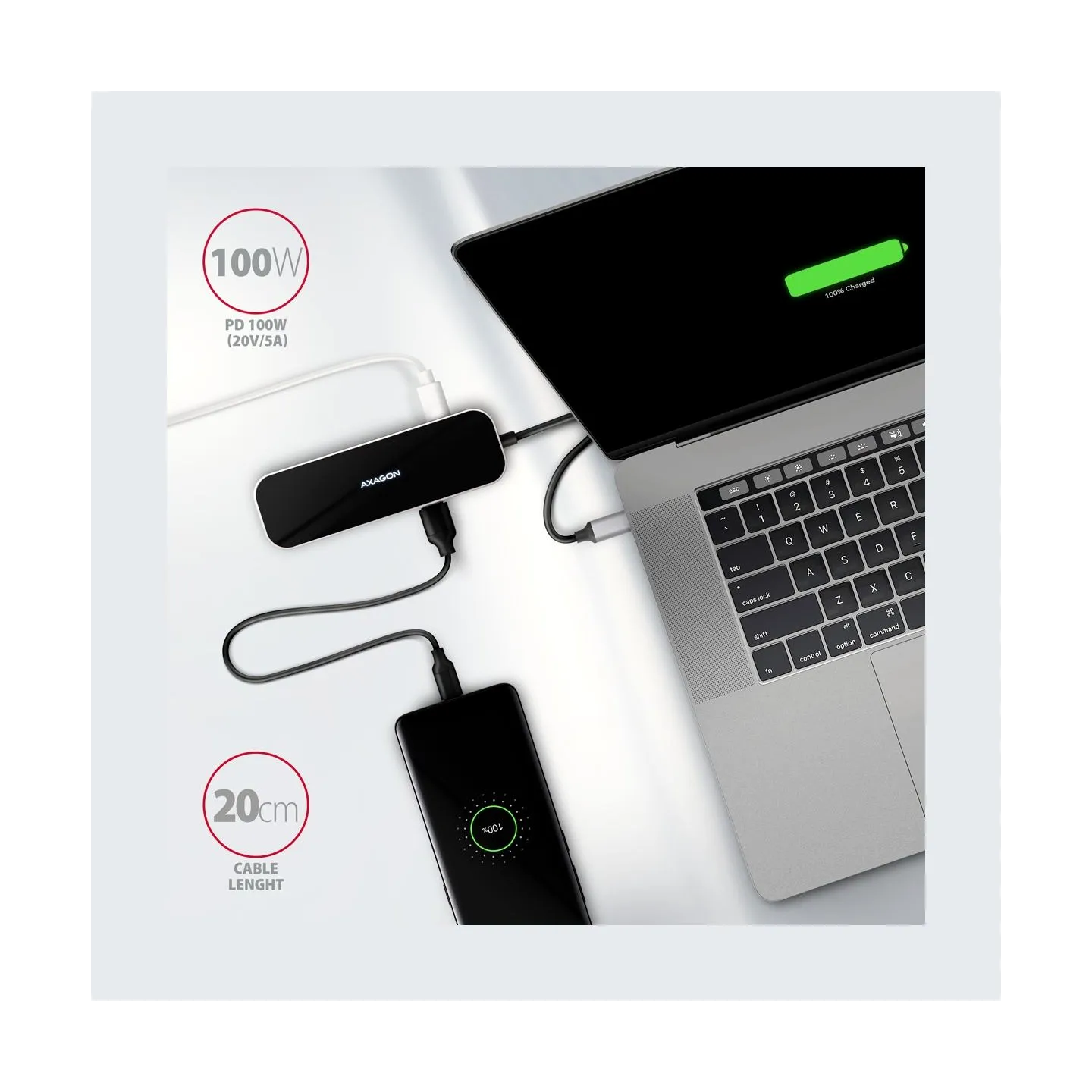 Axagon Multi port USB 3.2 Gen 1 hub. HDMI, four USB-A outputs and Power Delivery. Kabel USB-C 20cm.