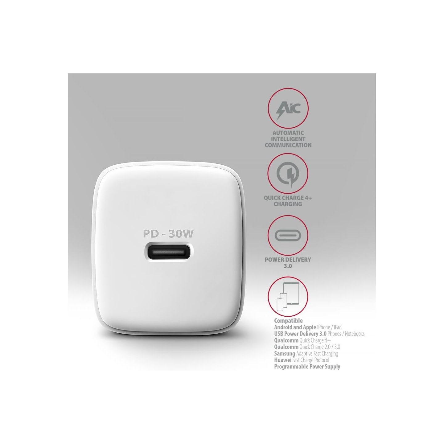 Axagon ACU-PD30W wall charger 1x QC3.0/AFC/FCP/PD type-C, 30W, white