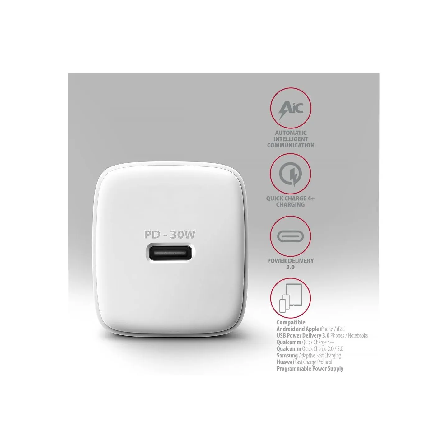 Axagon ACU-PD30W wall charger 1x QC3.0/AFC/FCP/PD type-C, 30W, white