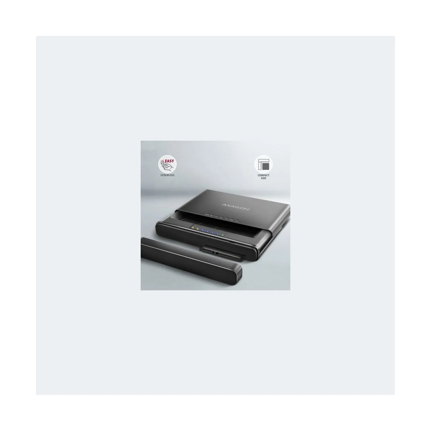 Axagon USB 3.2 Gen 2 adapter for connecting NVMe M.2 SSDs and SATA 2.5"/3.5" drives with cloning function.