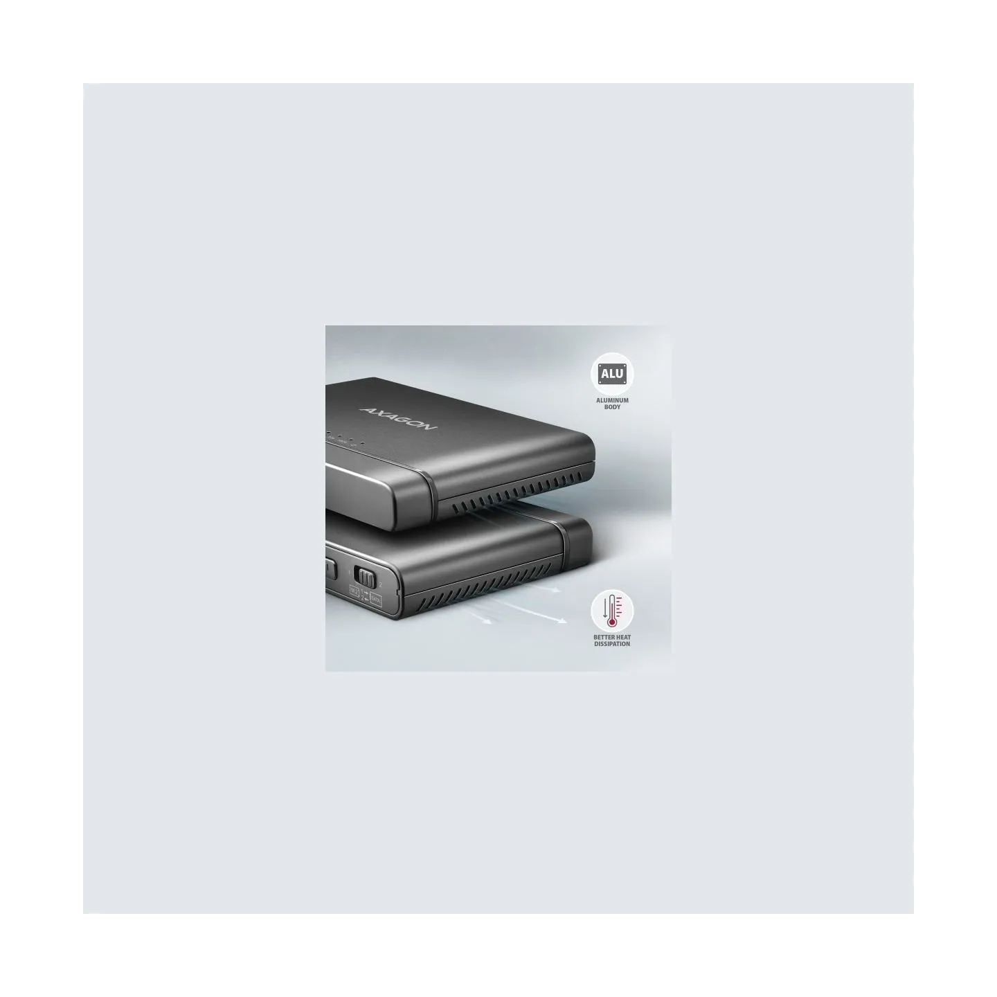 Axagon USB 3.2 Gen 2 adapter for connecting NVMe M.2 SSDs and SATA 2.5"/3.5" drives with cloning function.