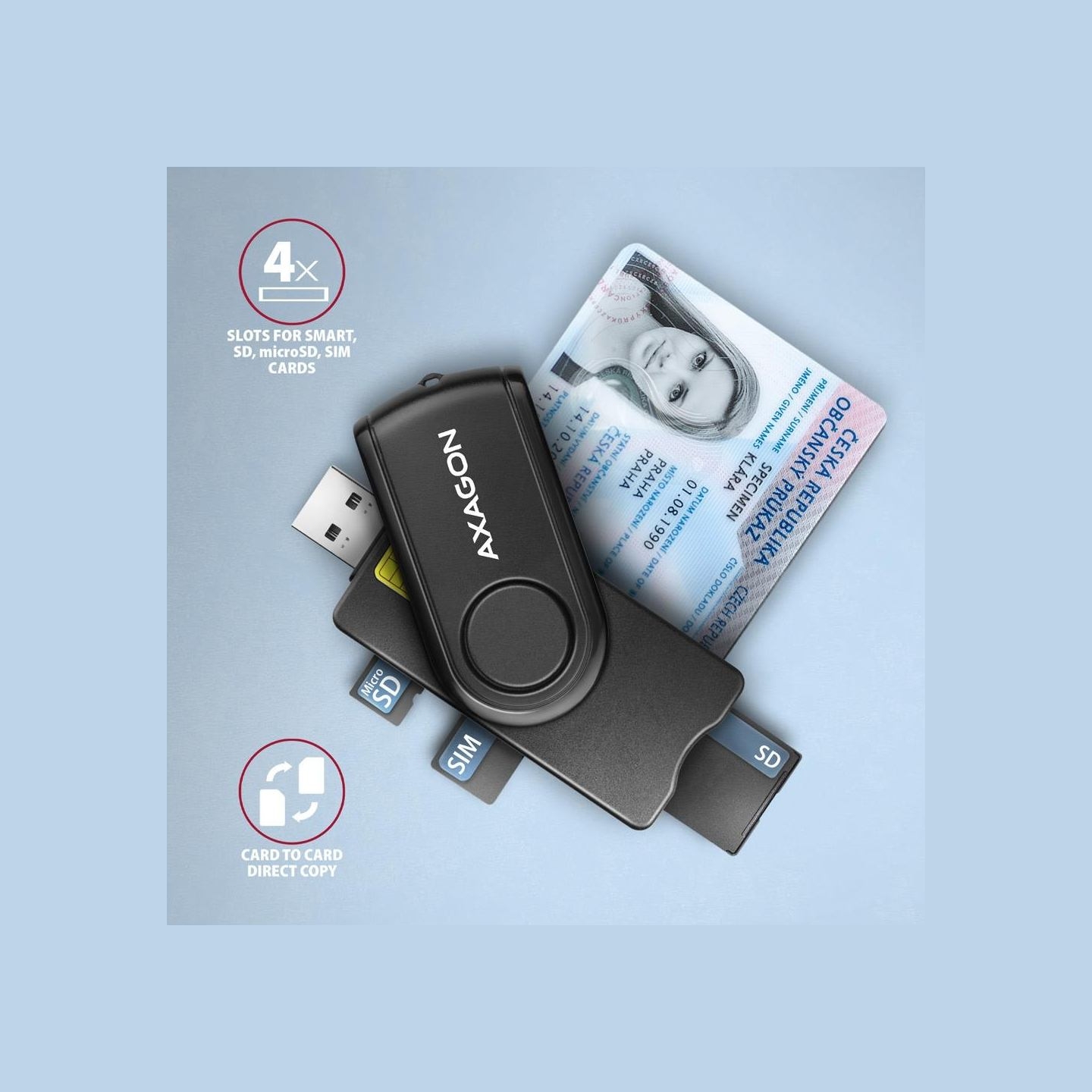Axagon Compact travel USB-A + USB-C contact Smart / ID card and SD / microSD / SIM card reader.