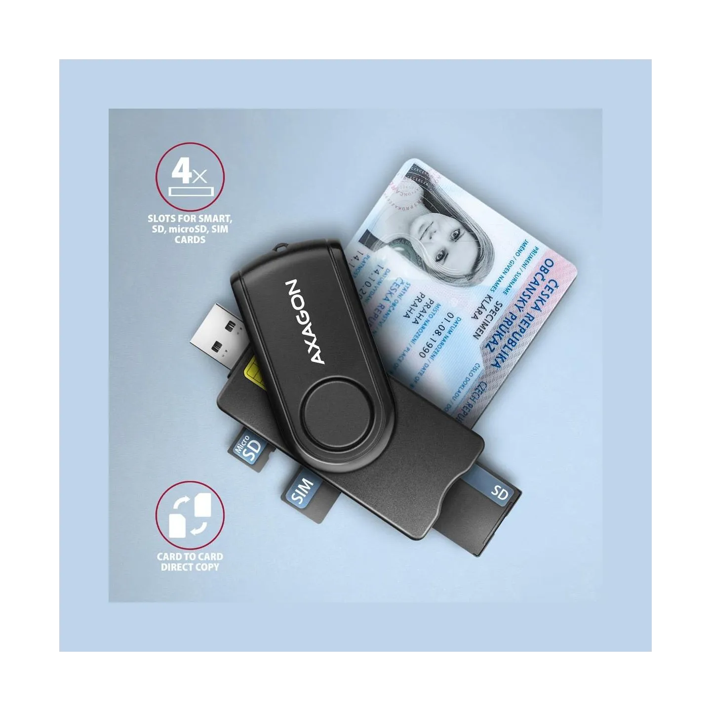 Axagon Compact travel USB-A + USB-C contact Smart / ID card and SD / microSD / SIM card reader.