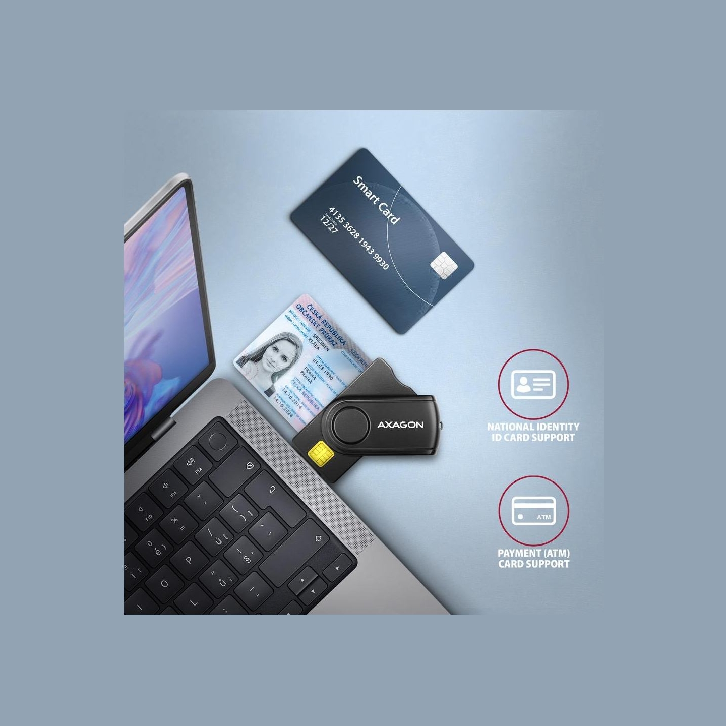 Axagon Compact travel USB-A + USB-C contact Smart / ID card and SD / microSD / SIM card reader.