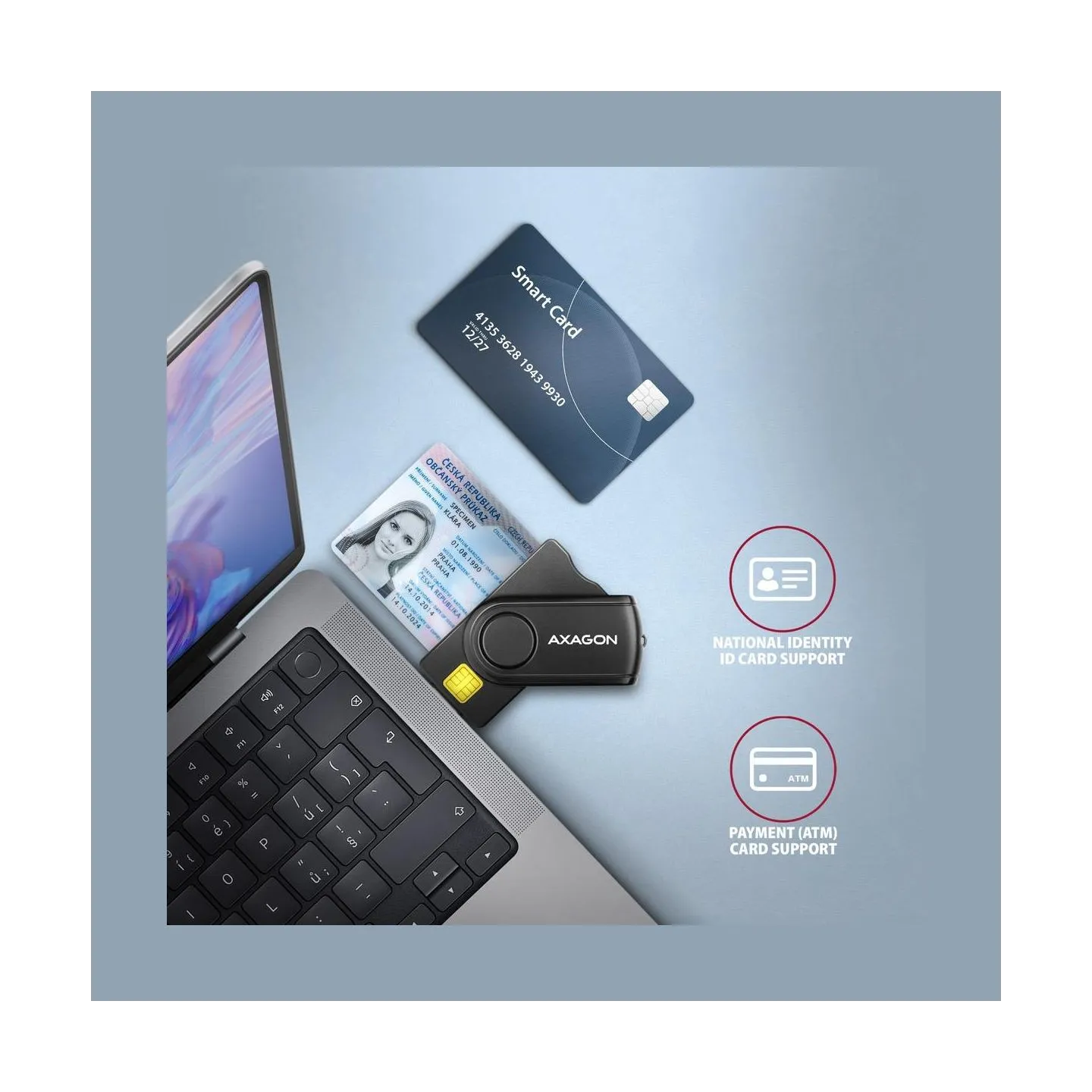 Axagon Compact travel USB-A + USB-C contact Smart / ID card and SD / microSD / SIM card reader.