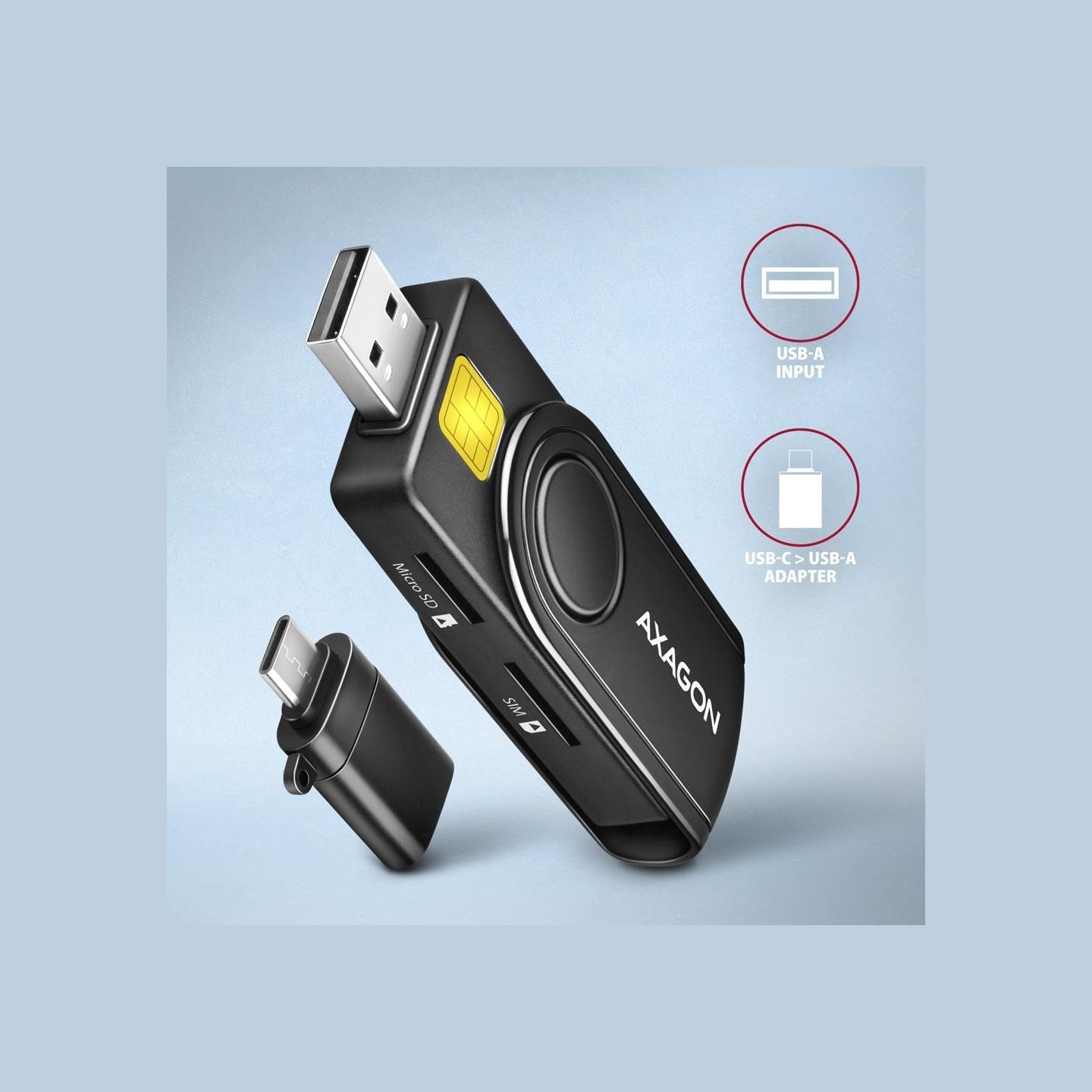 Axagon Compact travel USB-A + USB-C contact Smart / ID card and SD / microSD / SIM card reader.