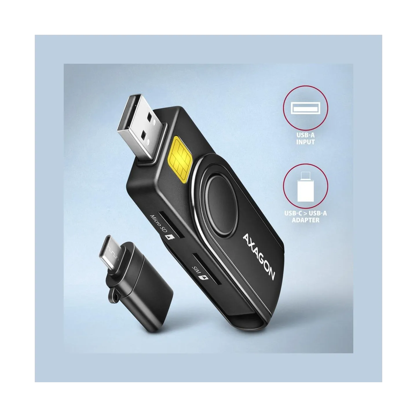 Axagon Compact travel USB-A + USB-C contact Smart / ID card and SD / microSD / SIM card reader.