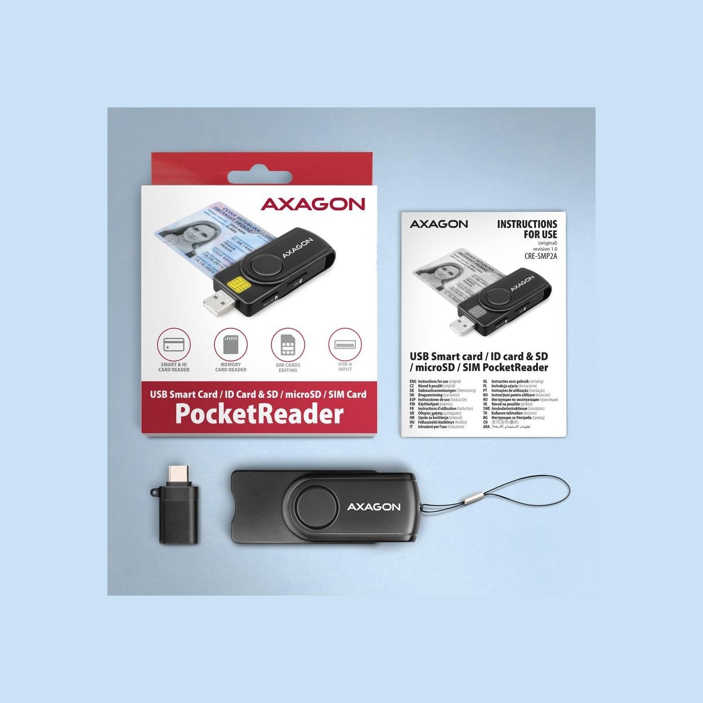 Axagon Compact travel USB-A + USB-C contact Smart / ID card and SD / microSD / SIM card reader.