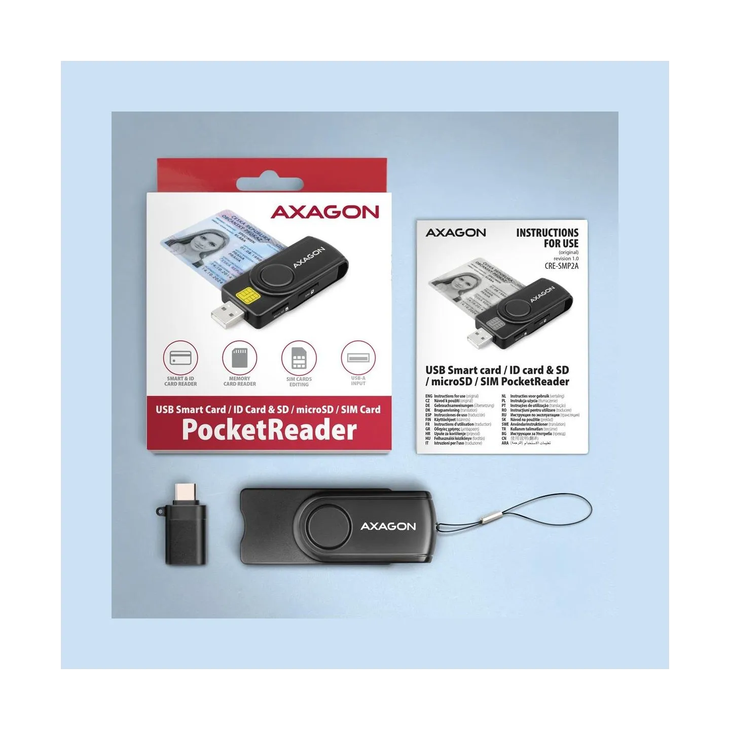 Axagon Compact travel USB-A + USB-C contact Smart / ID card and SD / microSD / SIM card reader.