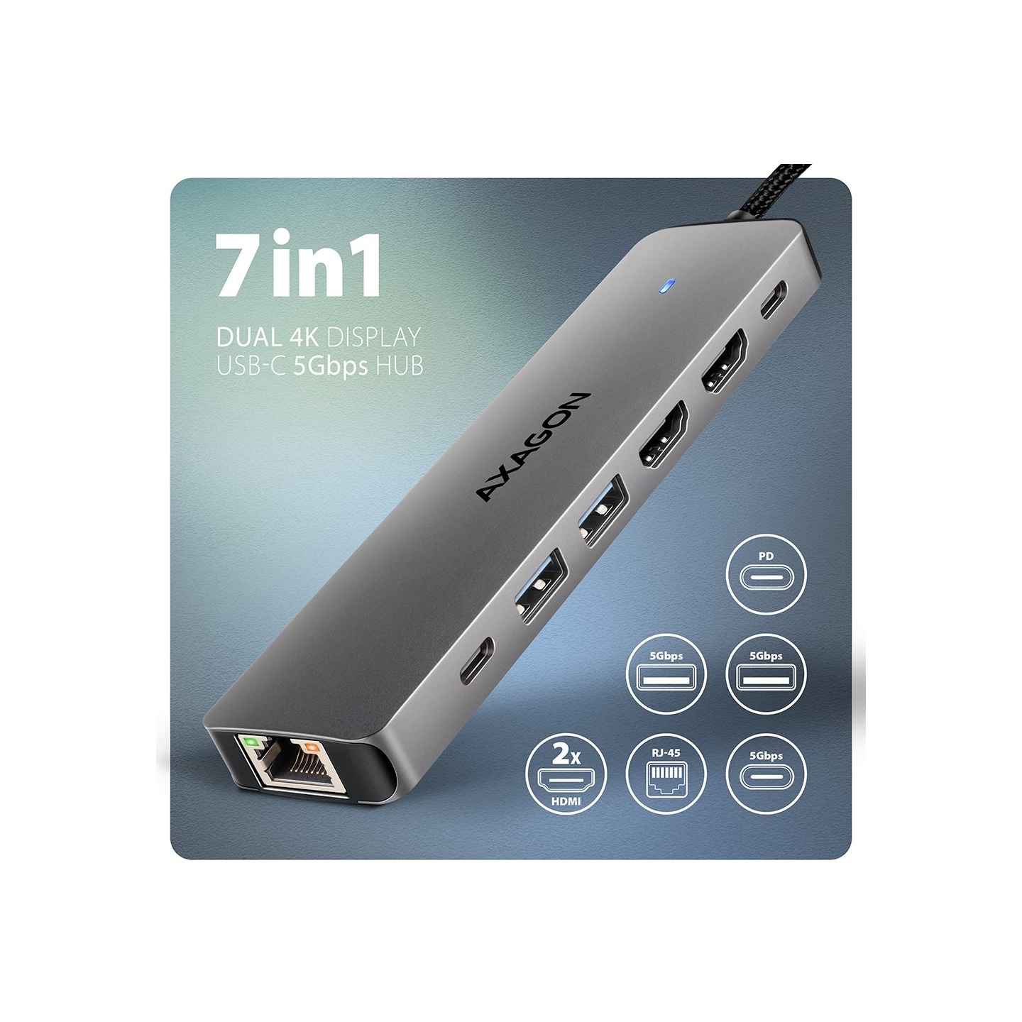 Axagon HMC-7HX2 USB-C 3.2 Gen 1 hub, 2x USB-A + 1x USB-C, 2x HDMI 4K 60Hz, GLAN, PD 100W, 15cm USB-C cable