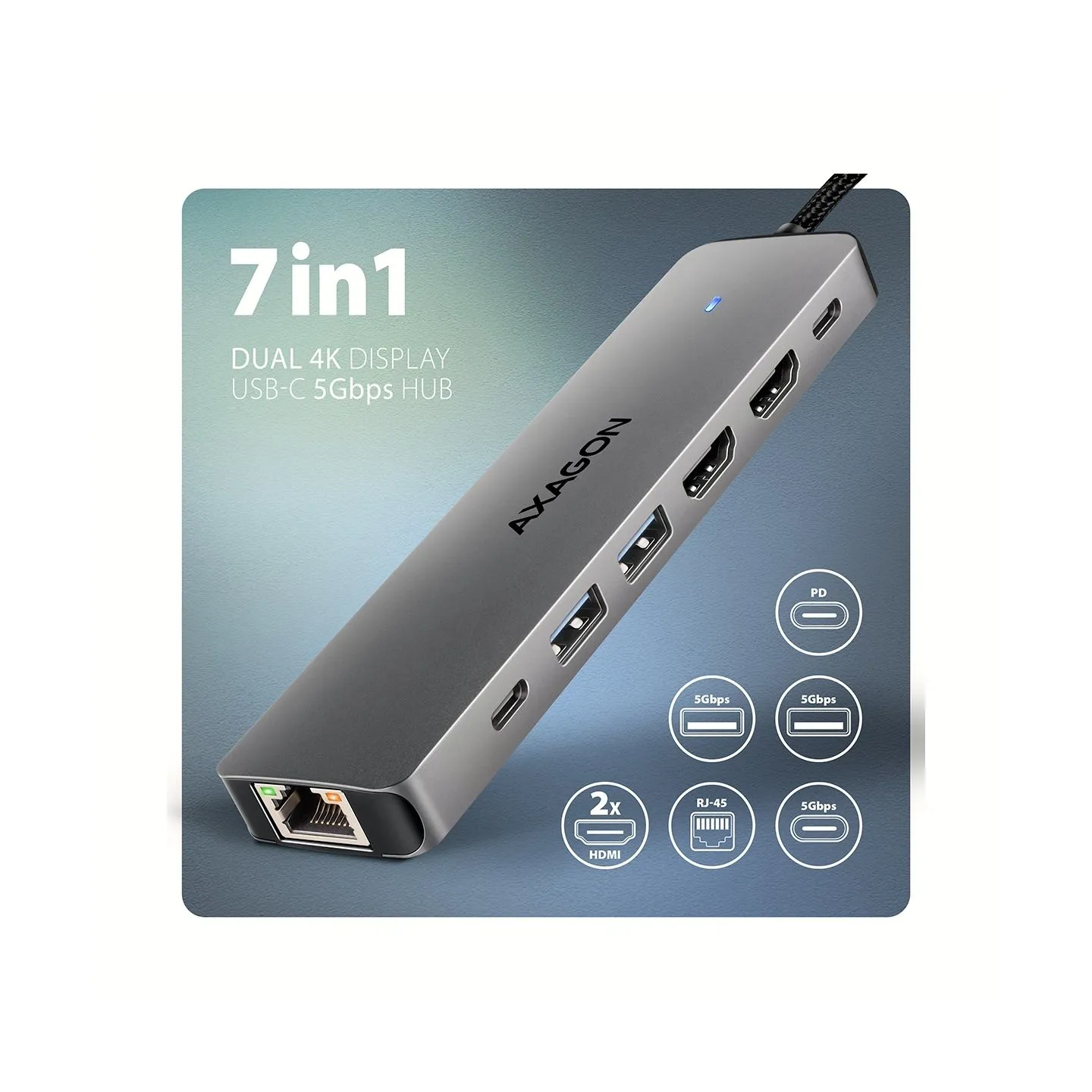 Axagon HMC-7HX2 USB-C 3.2 Gen 1 hub, 2x USB-A + 1x USB-C, 2x HDMI 4K 60Hz, GLAN, PD 100W, 15cm USB-C cable
