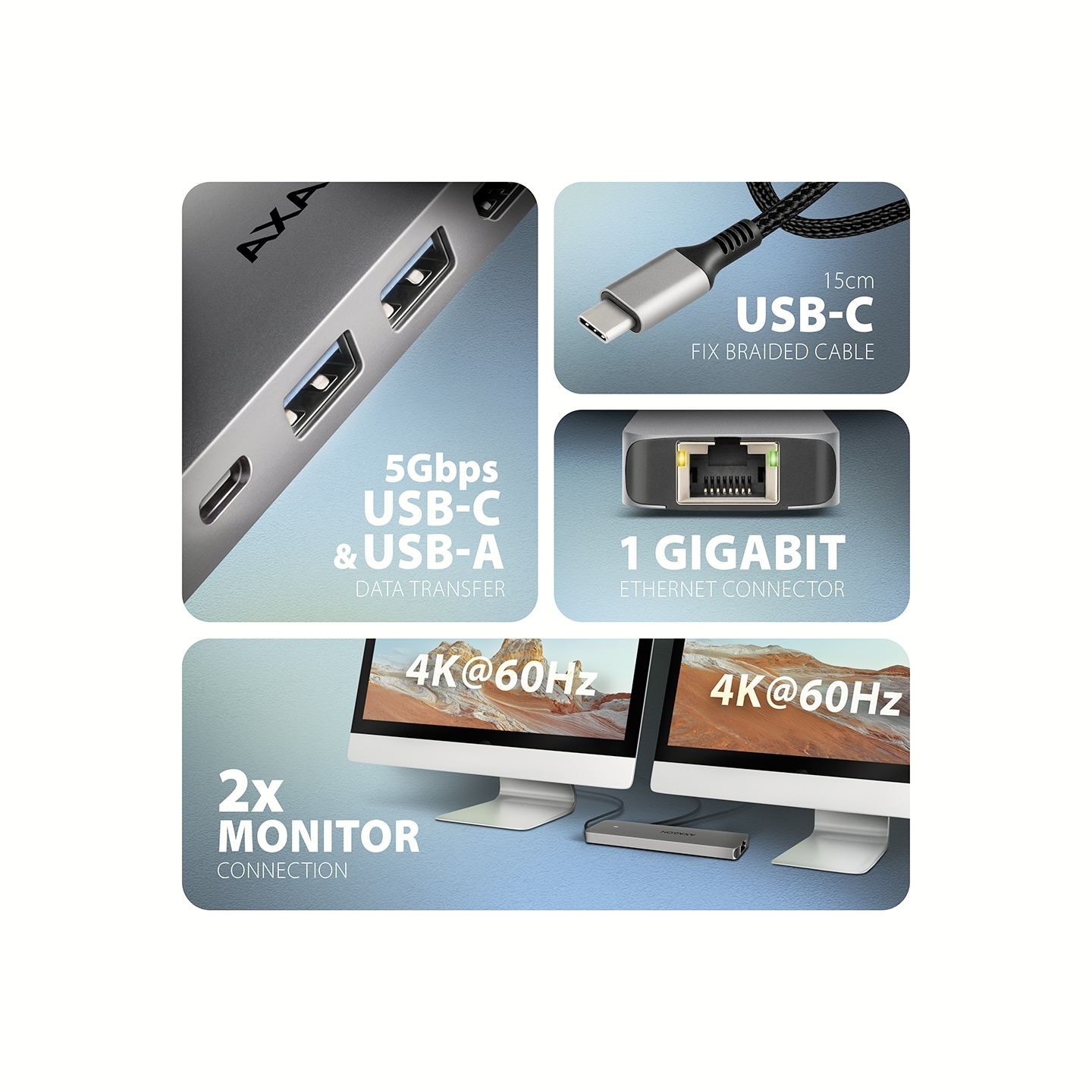 Axagon HMC-7HX2 USB-C 3.2 Gen 1 hub, 2x USB-A + 1x USB-C, 2x HDMI 4K 60Hz, GLAN, PD 100W, 15cm USB-C cable
