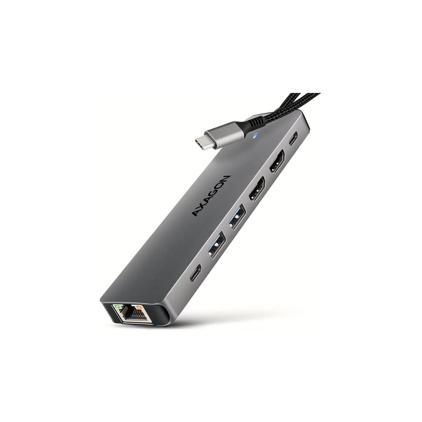 Axagon HMC-7HX2 USB-C 3.2 Gen 1 hub, 2x USB-A + 1x USB-C, 2x HDMI 4K 60Hz, GLAN, PD 100W, 15cm USB-C cable