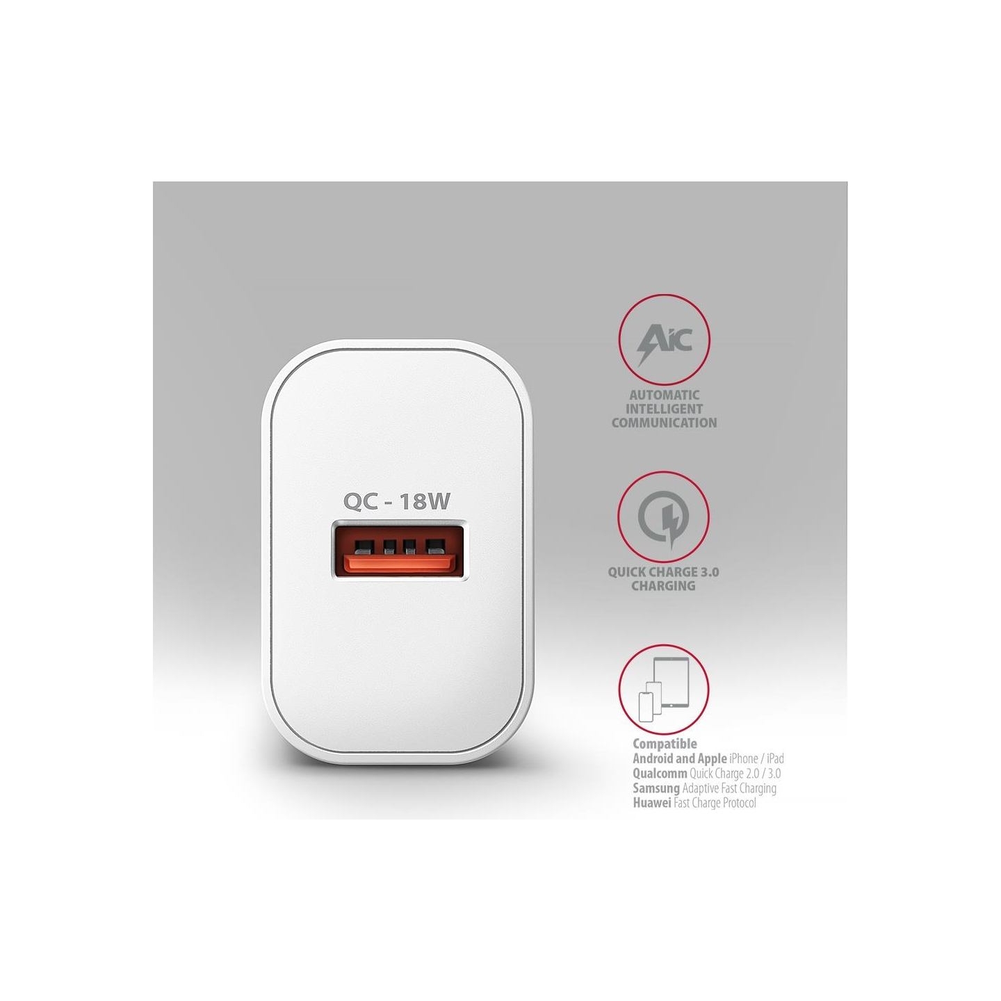 Axagon ACU-QC18W wall charger 1x QC3.0/AFC/FCP/SMART, 18W, white