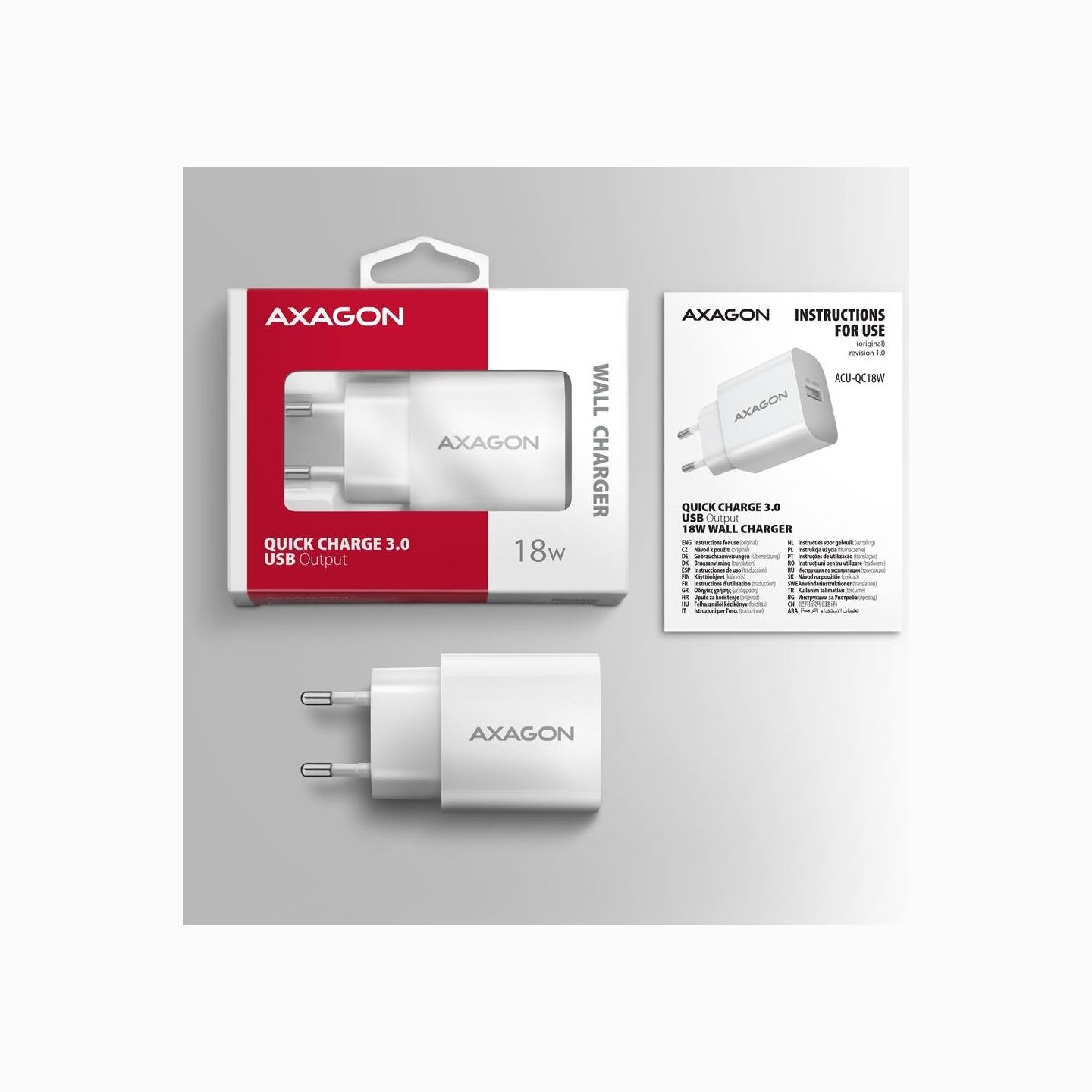 Axagon ACU-QC18W wall charger 1x QC3.0/AFC/FCP/SMART, 18W, white