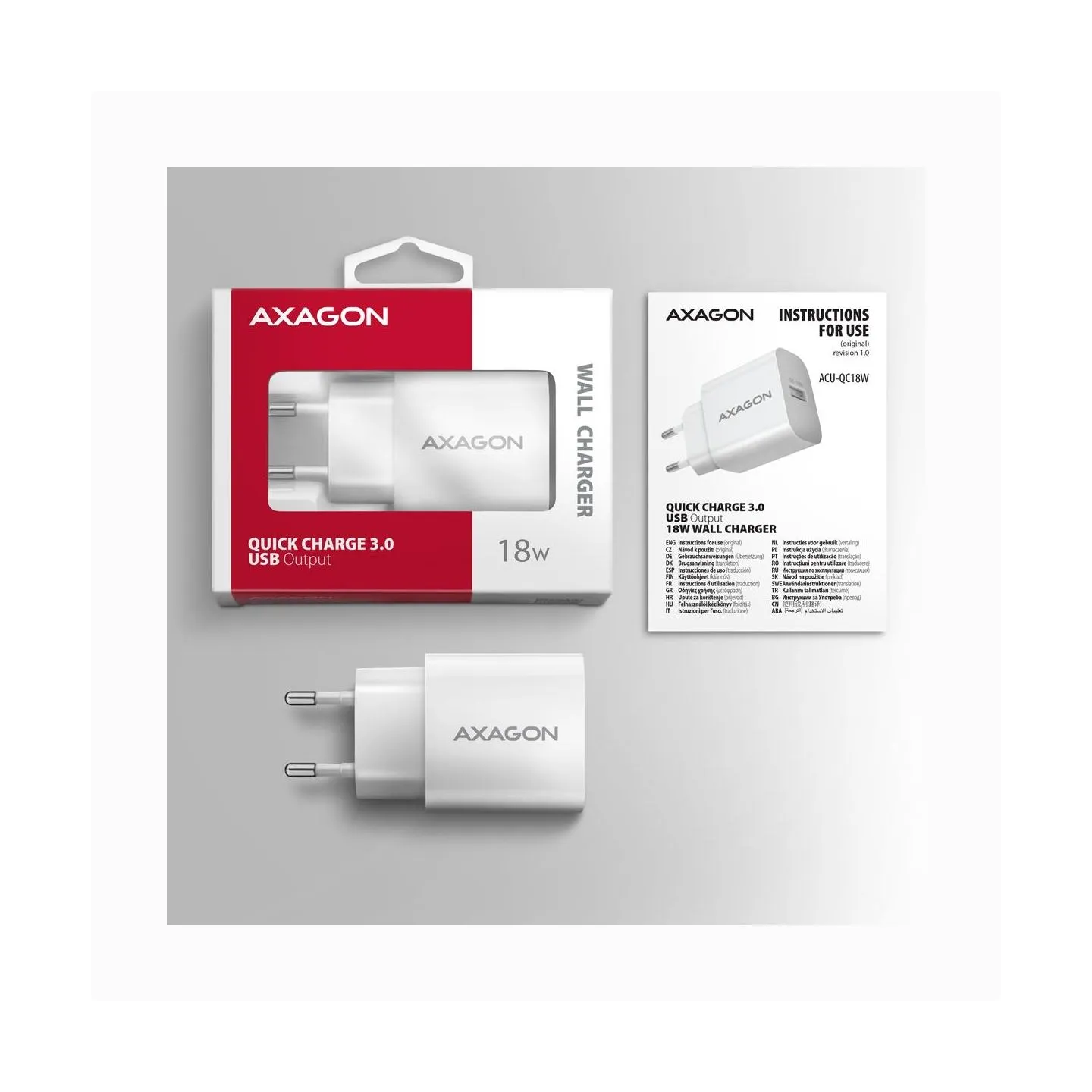 Axagon ACU-QC18W wall charger 1x QC3.0/AFC/FCP/SMART, 18W, white