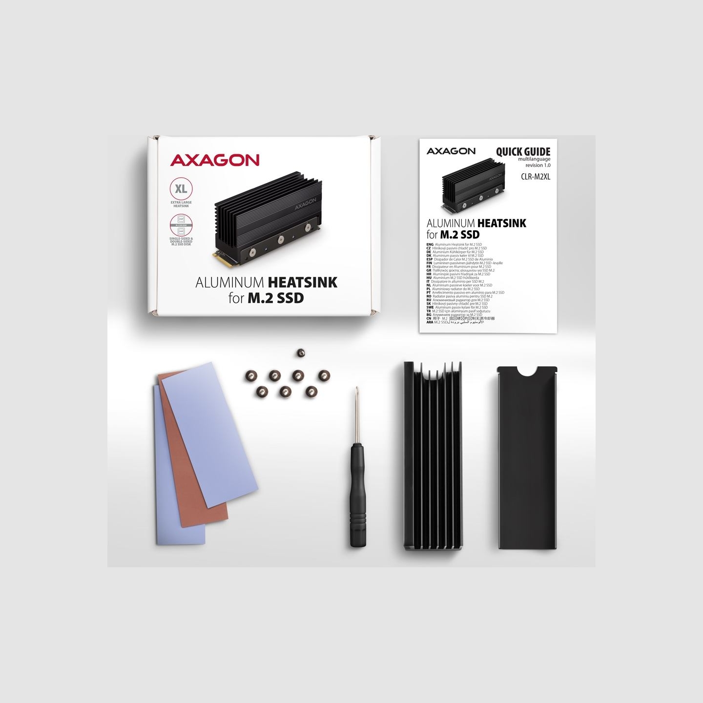 Axagon Passive aluminum heatsink for single-sided and double-sided M.2 SSD disks, size 2280, height 36 mm.
