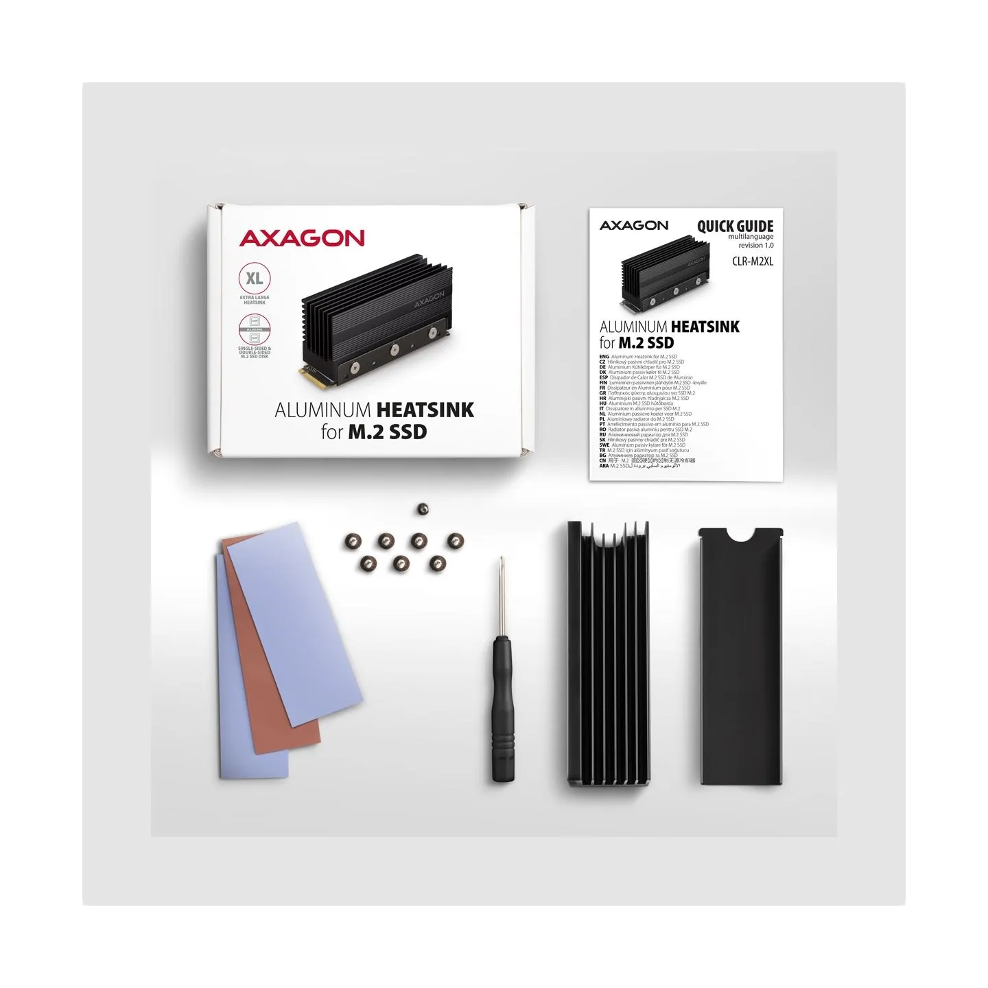 Axagon Passive aluminum heatsink for single-sided and double-sided M.2 SSD disks, size 2280, height 36 mm.
