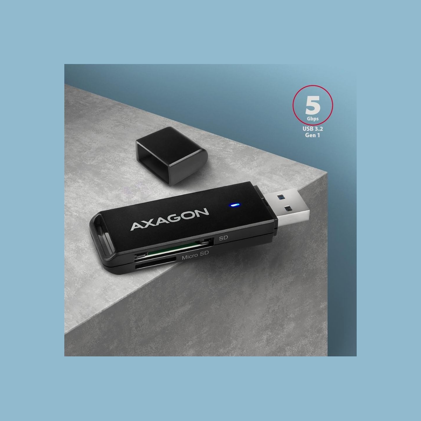Axagon Slim super-speed USB 3.2 Gen 1 card reader with a direct USB-A connector.