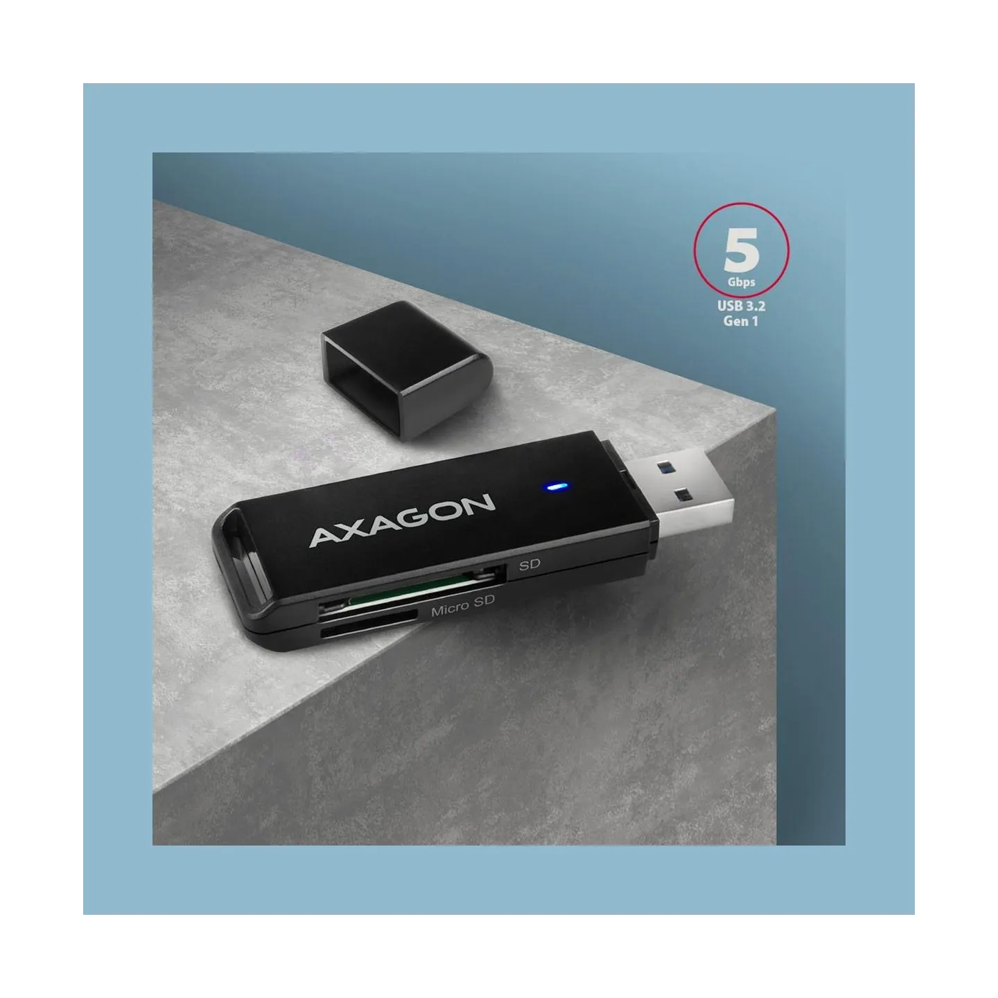 Axagon Slim super-speed USB 3.2 Gen 1 card reader with a direct USB-A connector.
