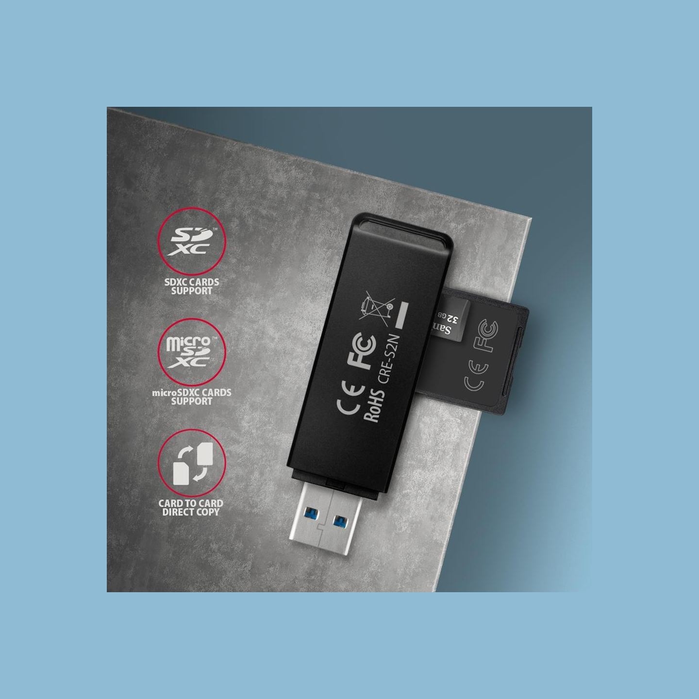Axagon Slim super-speed USB 3.2 Gen 1 card reader with a direct USB-A connector.