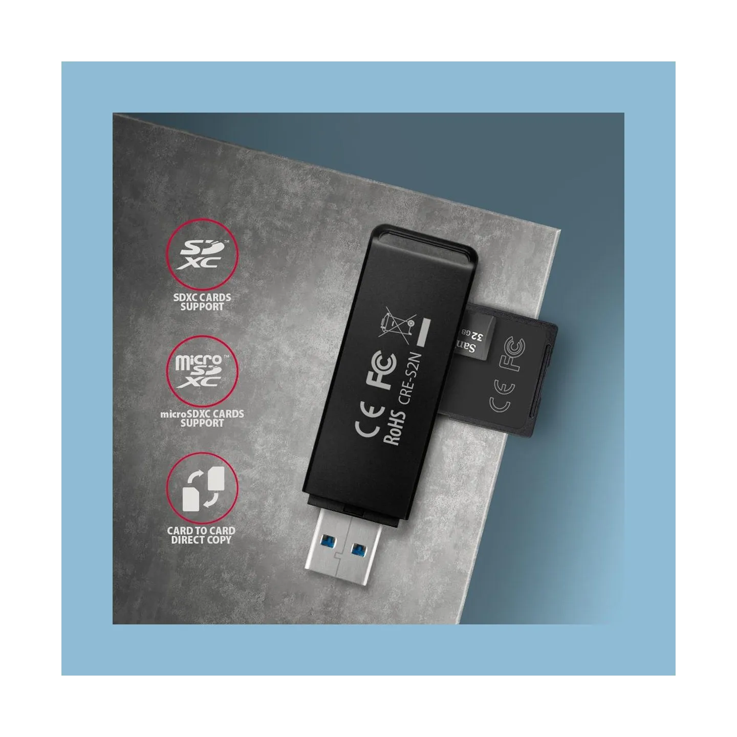 Axagon Slim super-speed USB 3.2 Gen 1 card reader with a direct USB-A connector.