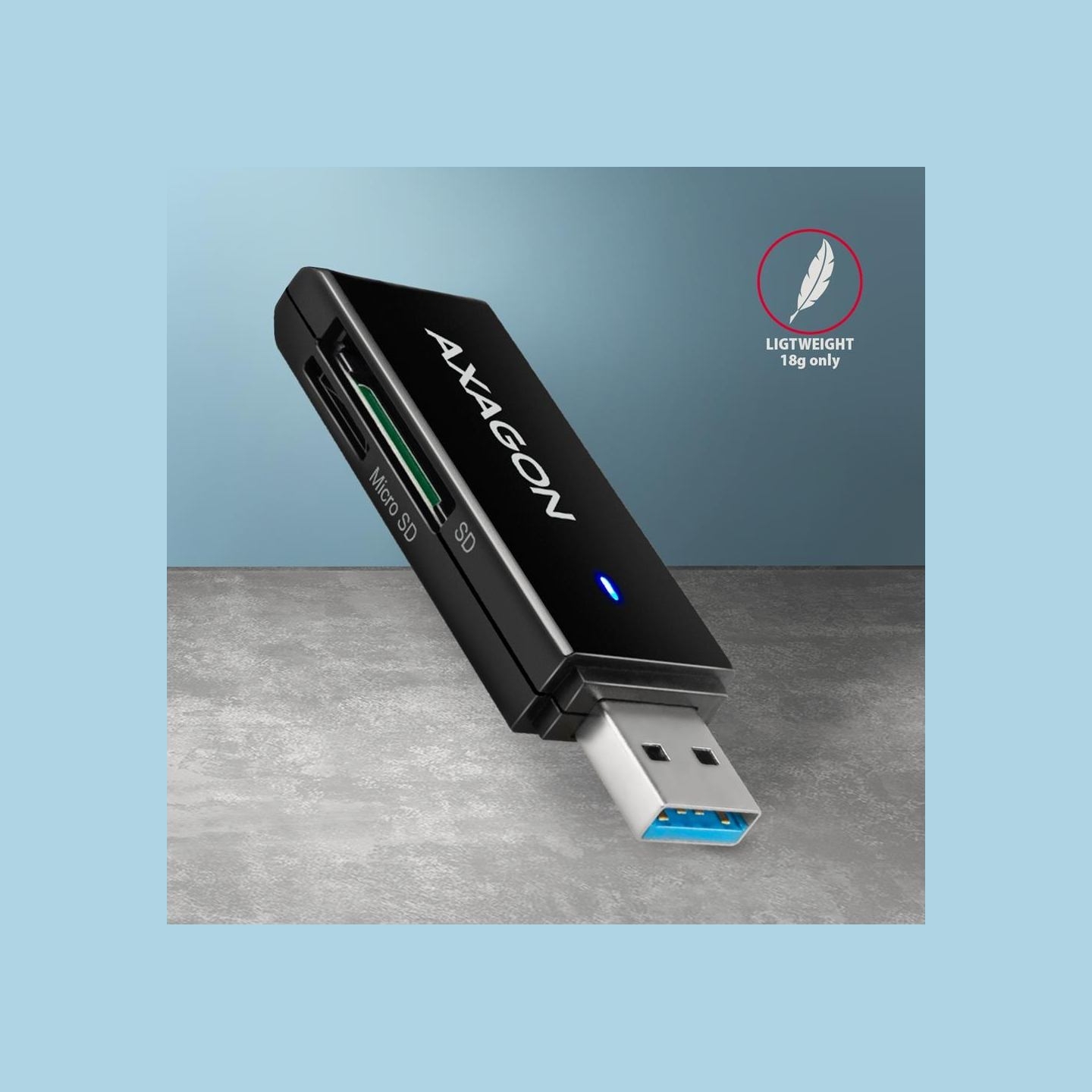Axagon Slim super-speed USB 3.2 Gen 1 card reader with a direct USB-A connector.
