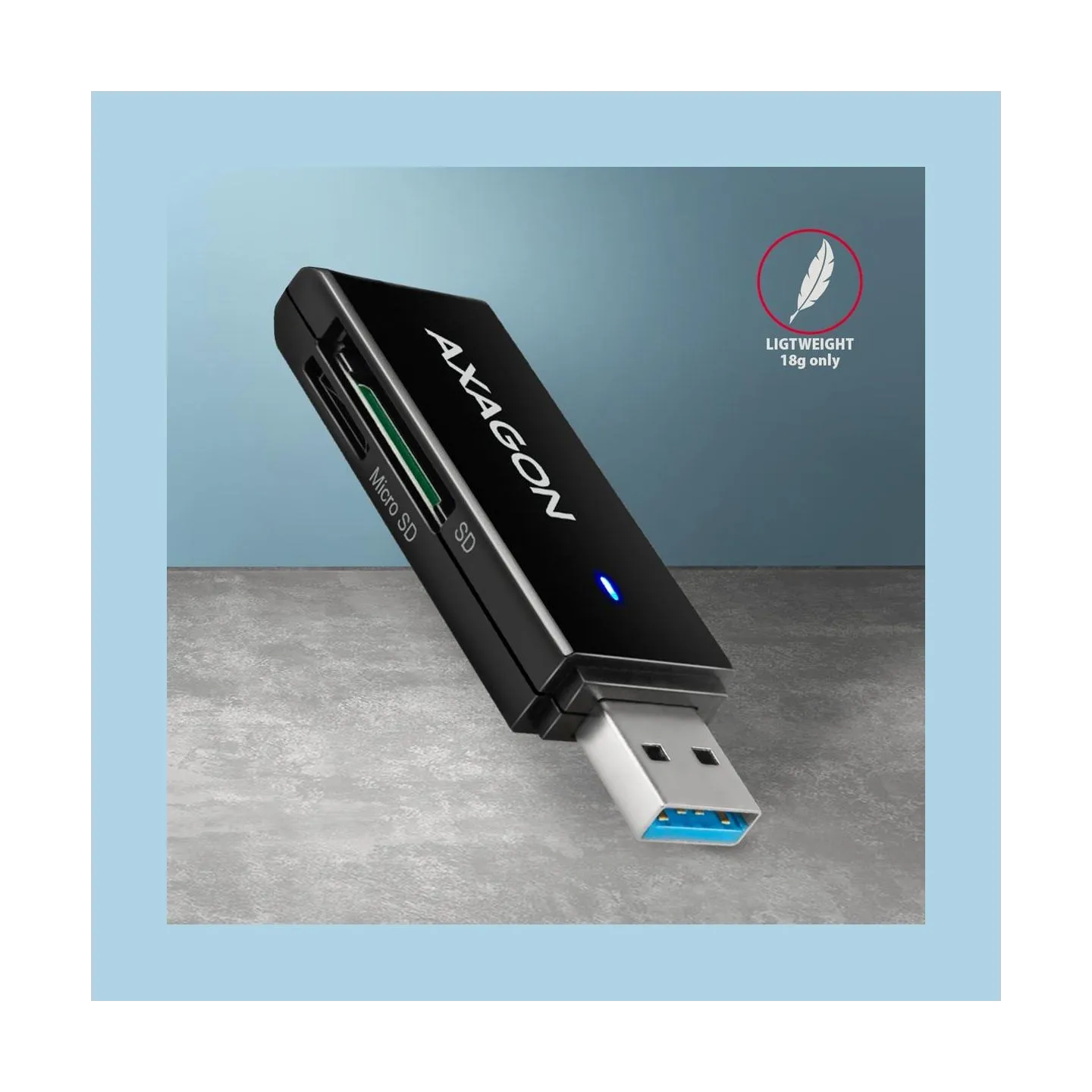 Axagon Slim super-speed USB 3.2 Gen 1 card reader with a direct USB-A connector.