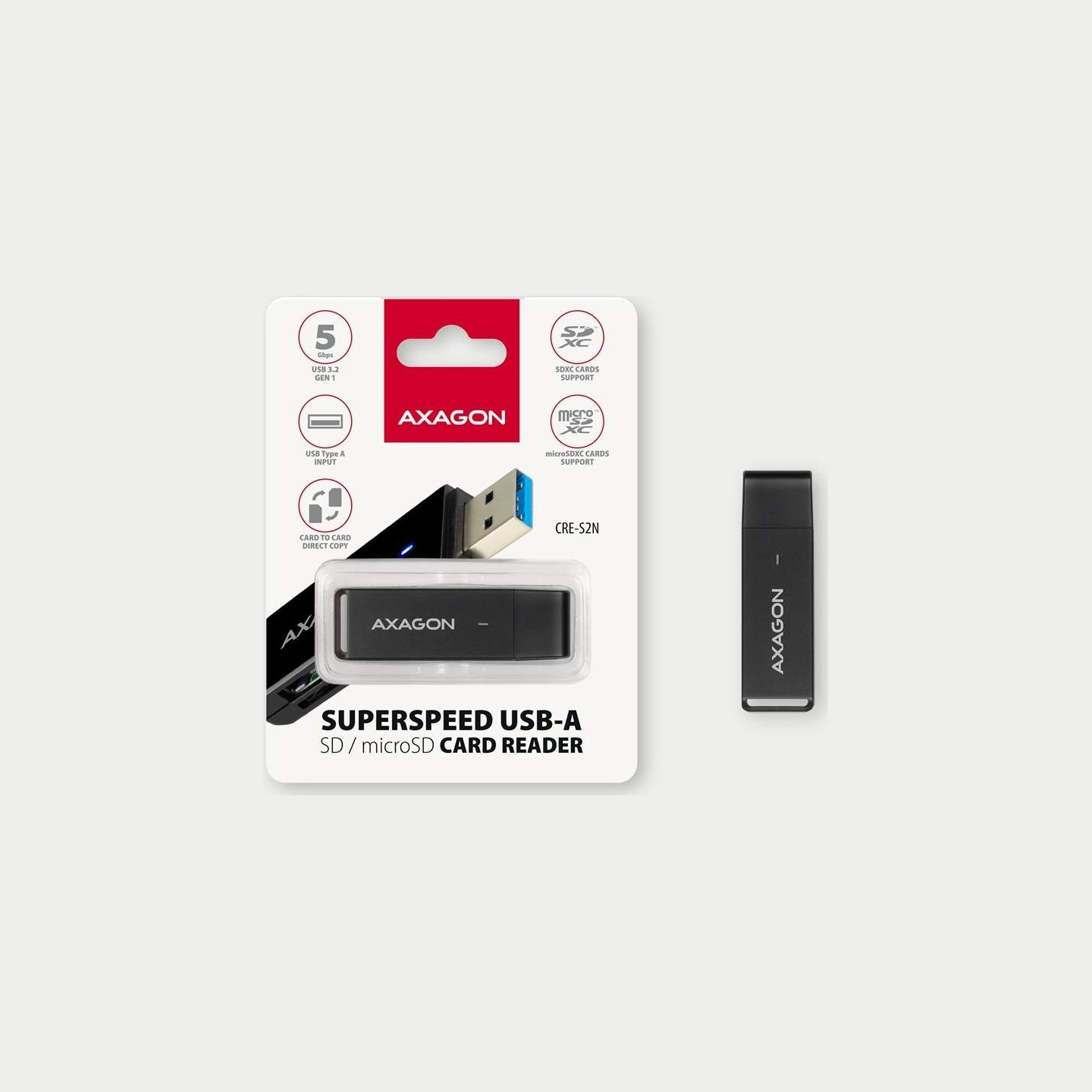Axagon Slim super-speed USB 3.2 Gen 1 card reader with a direct USB-A connector.