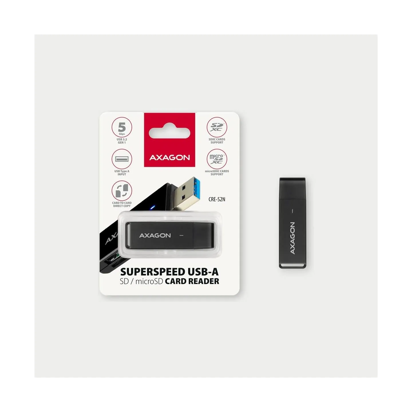Axagon Slim super-speed USB 3.2 Gen 1 card reader with a direct USB-A connector.