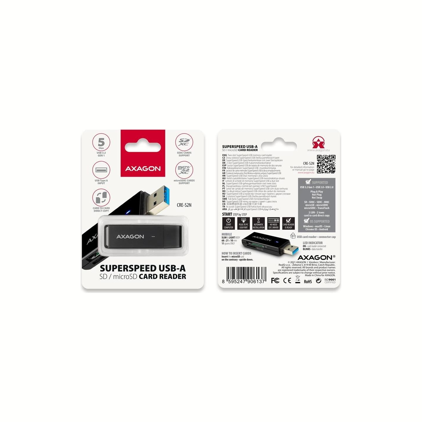 Axagon Slim super-speed USB 3.2 Gen 1 card reader with a direct USB-A connector.