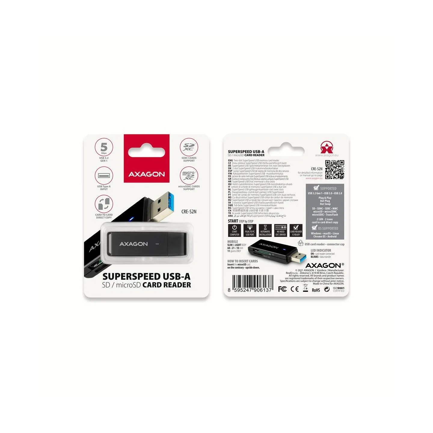 Axagon Slim super-speed USB 3.2 Gen 1 card reader with a direct USB-A connector.