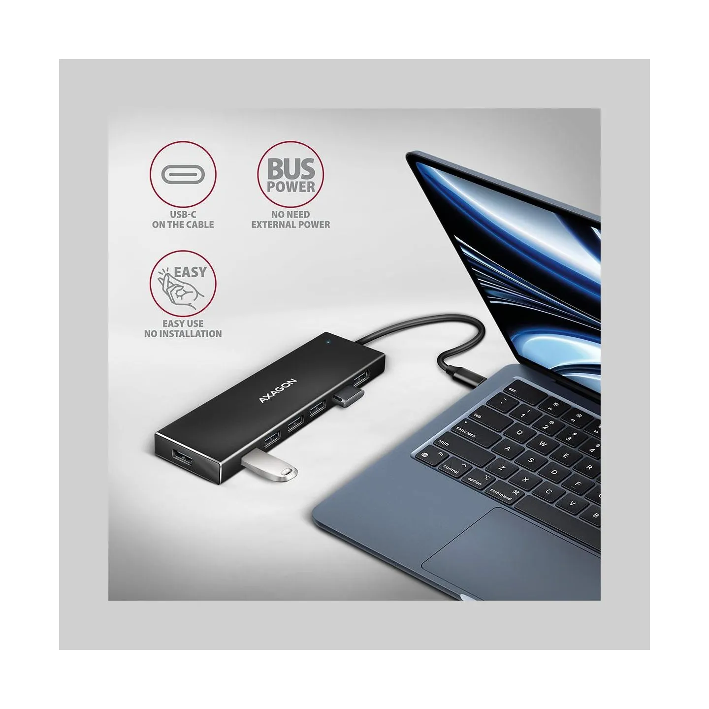 Axagon Seven-port USB 3.2 Gen 1 hub with charging support. Connector for external power supply. USB-C cable 30 cm.
