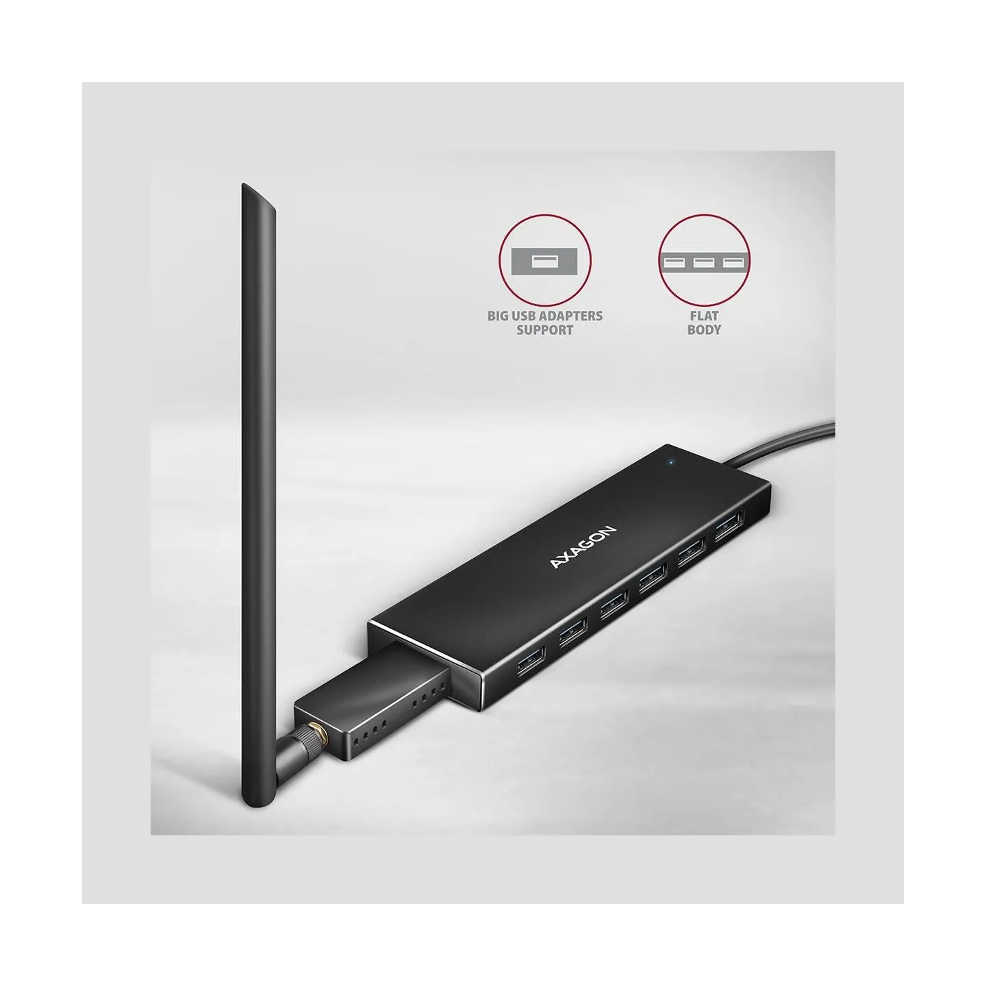 Axagon Seven-port USB 3.2 Gen 1 hub with charging support. Connector for external power supply. USB-C cable 30 cm.