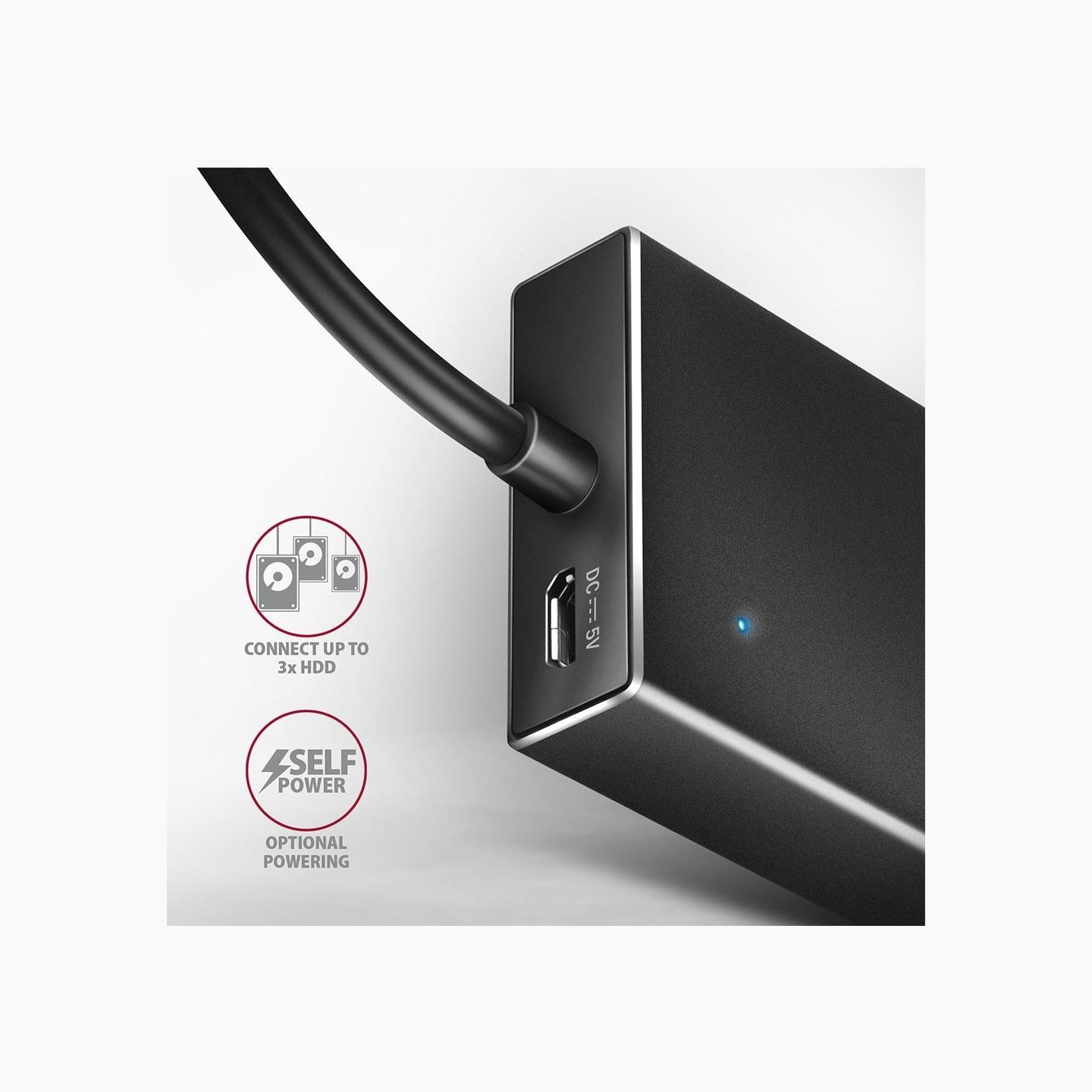 Axagon Seven-port USB 3.2 Gen 1 hub with charging support. Connector for external power supply. USB-C cable 30 cm.