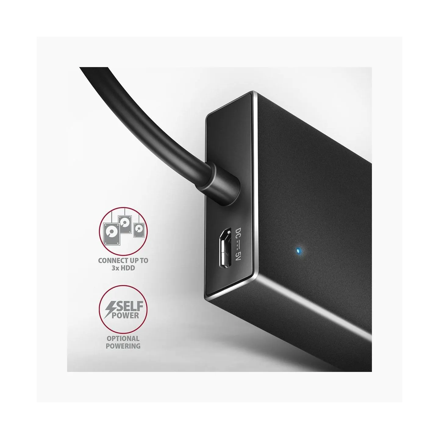 Axagon Seven-port USB 3.2 Gen 1 hub with charging support. Connector for external power supply. USB-C cable 30 cm.