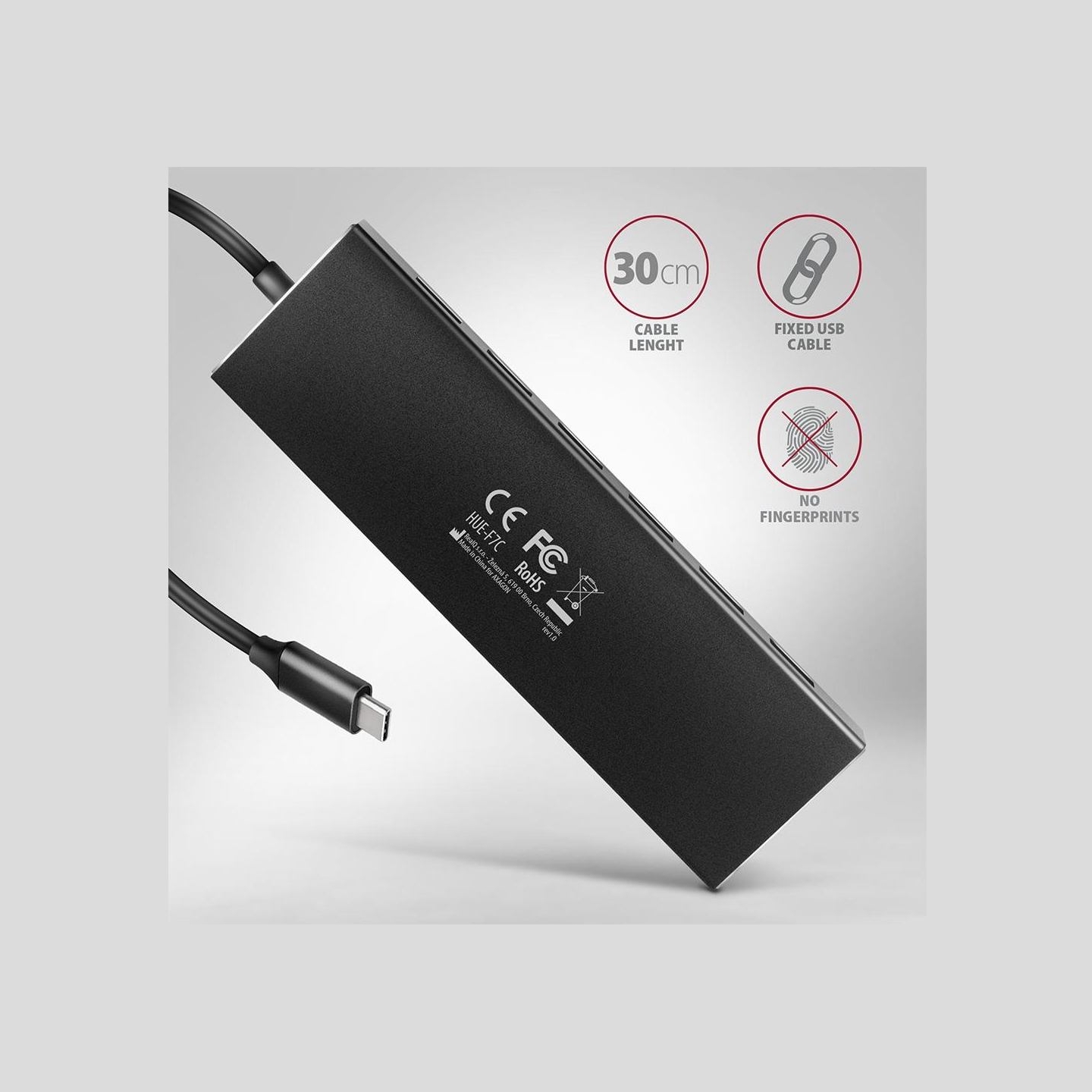 Axagon Seven-port USB 3.2 Gen 1 hub with charging support. Connector for external power supply. USB-C cable 30 cm.
